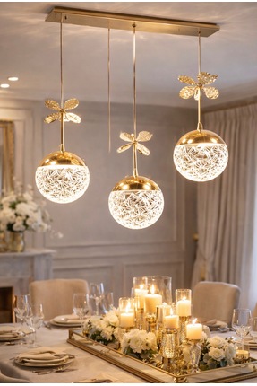 Buiva Bruce Sarkıt Avize Parlak Gold Sarı 3'lü Sıralı Yemek Masası Formu Gün ...