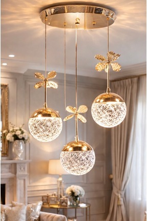 burenze Bruce Luxury Led Avize Üçlü Sarkıt Salon Avizesi Parlak Gold Sarı Kap...