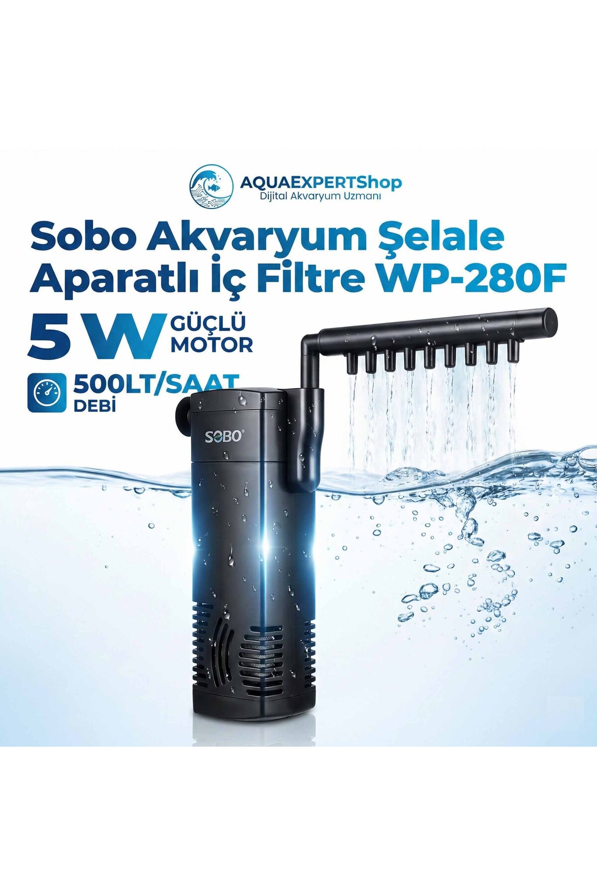Sobo Akvaryum Şelale Aparatlı İç Filtre - 5W - 500 LT/Saat WP-280F