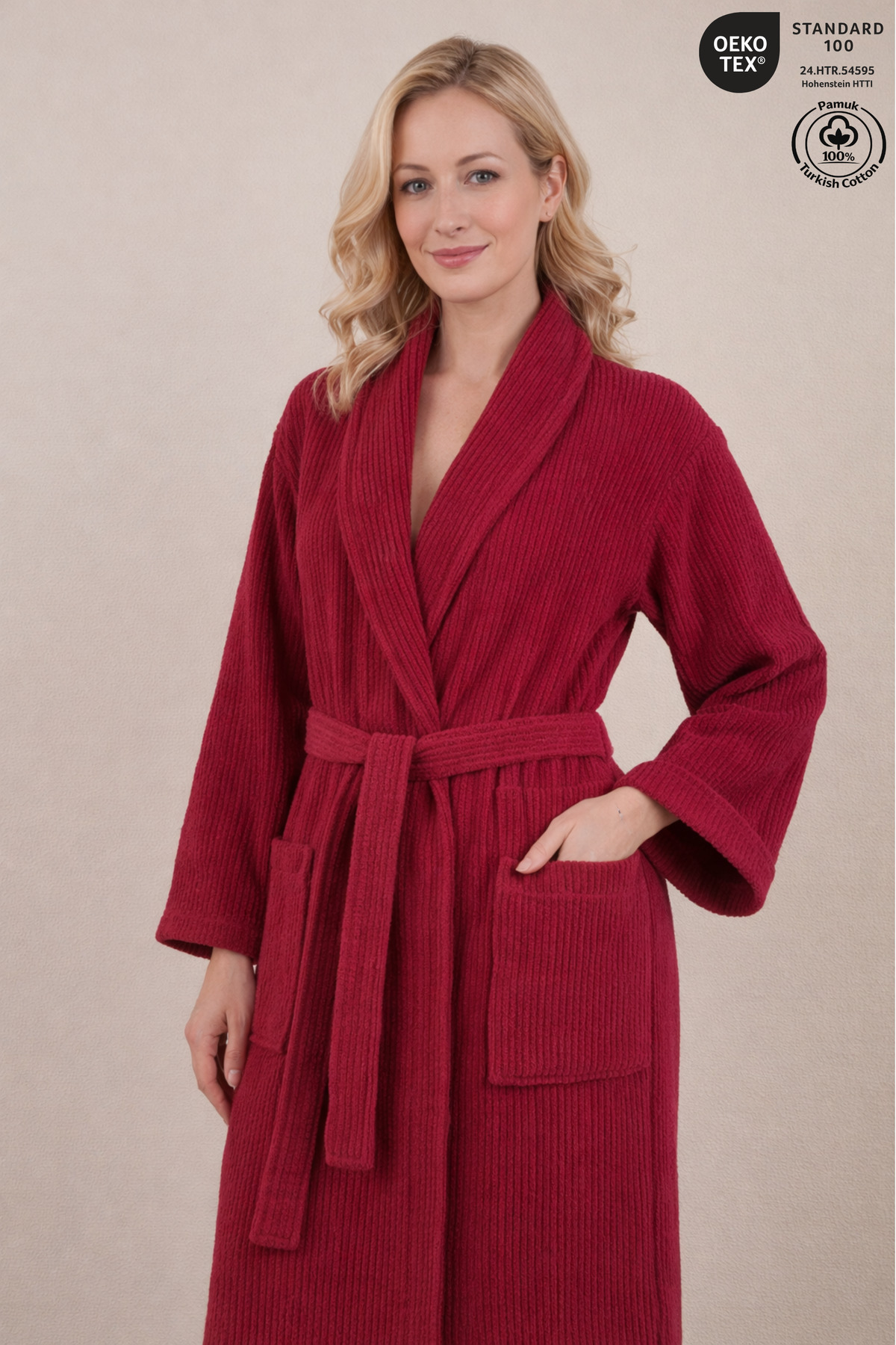 Striped Women's Bathrobe 100% Cotton Certified 1 Piece, Dressing Gown / Shawl Bathrobe Burgundy