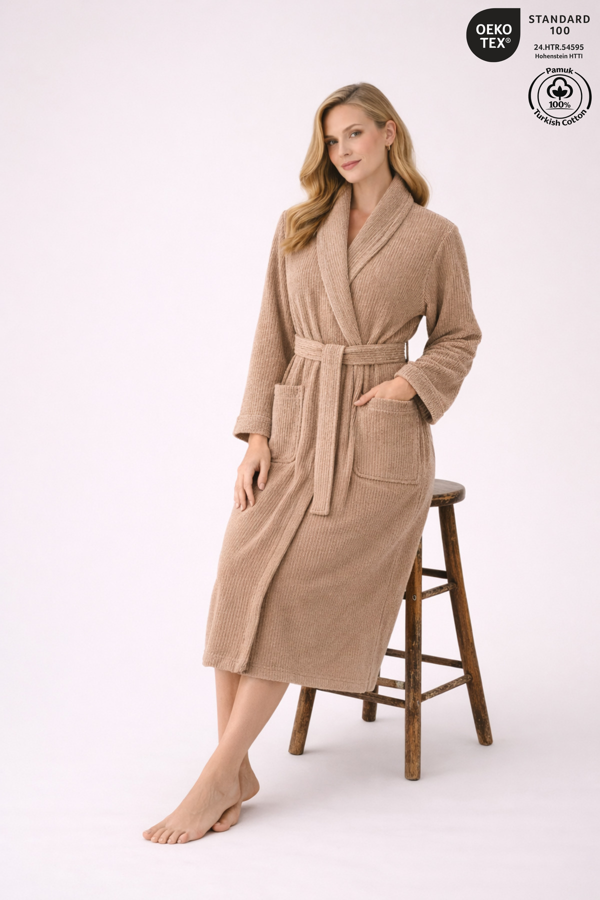 Striped Women's Bathrobe 100% Cotton Certified 1 Piece, Dressing Gown / Shawl Bathrobe Beige