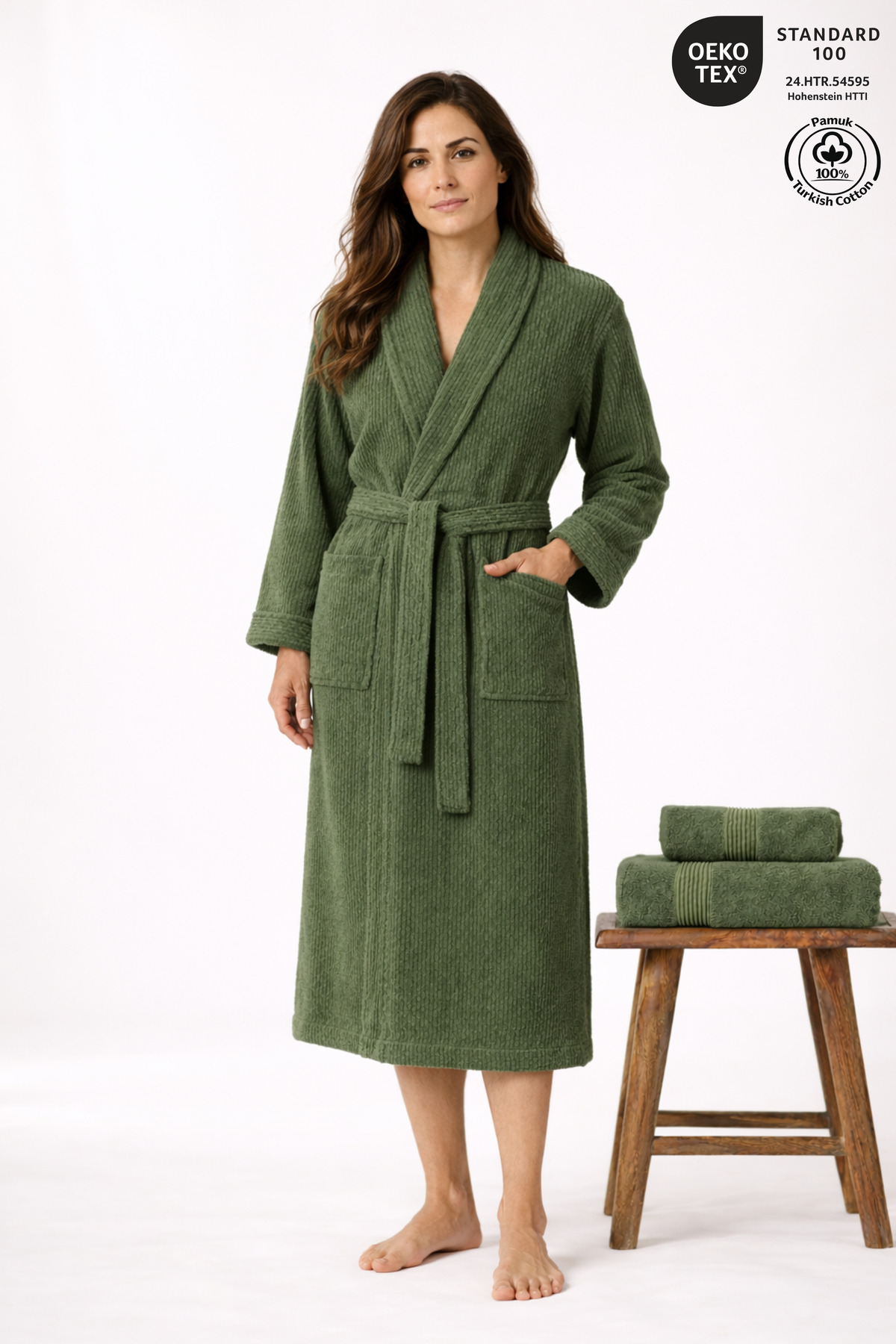 Women's Bathrobe Set 100% Cotton Certified 3-Piece Striped Shawl Bathrobe and Towels Set - Green