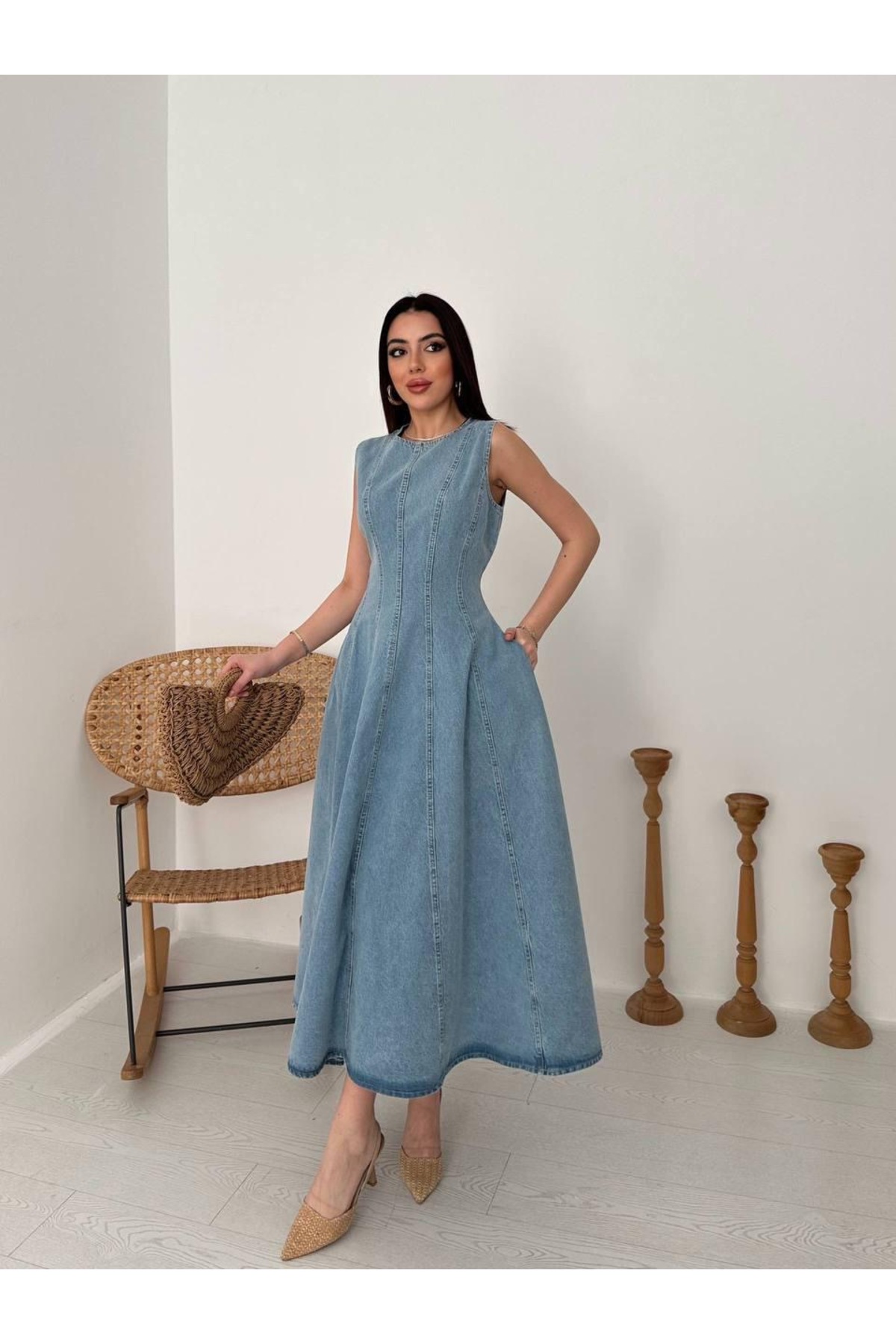 Ekim Store  Kalın Askılı Balon Etek Kot Elbise - Görsel 3