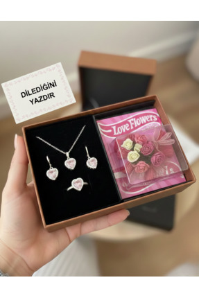 Ervalina Mini Buket Çiçek ve Pembe Kalp Kolye Küpe Yüzük Seti (KİŞİYE ÖZEL NOT)