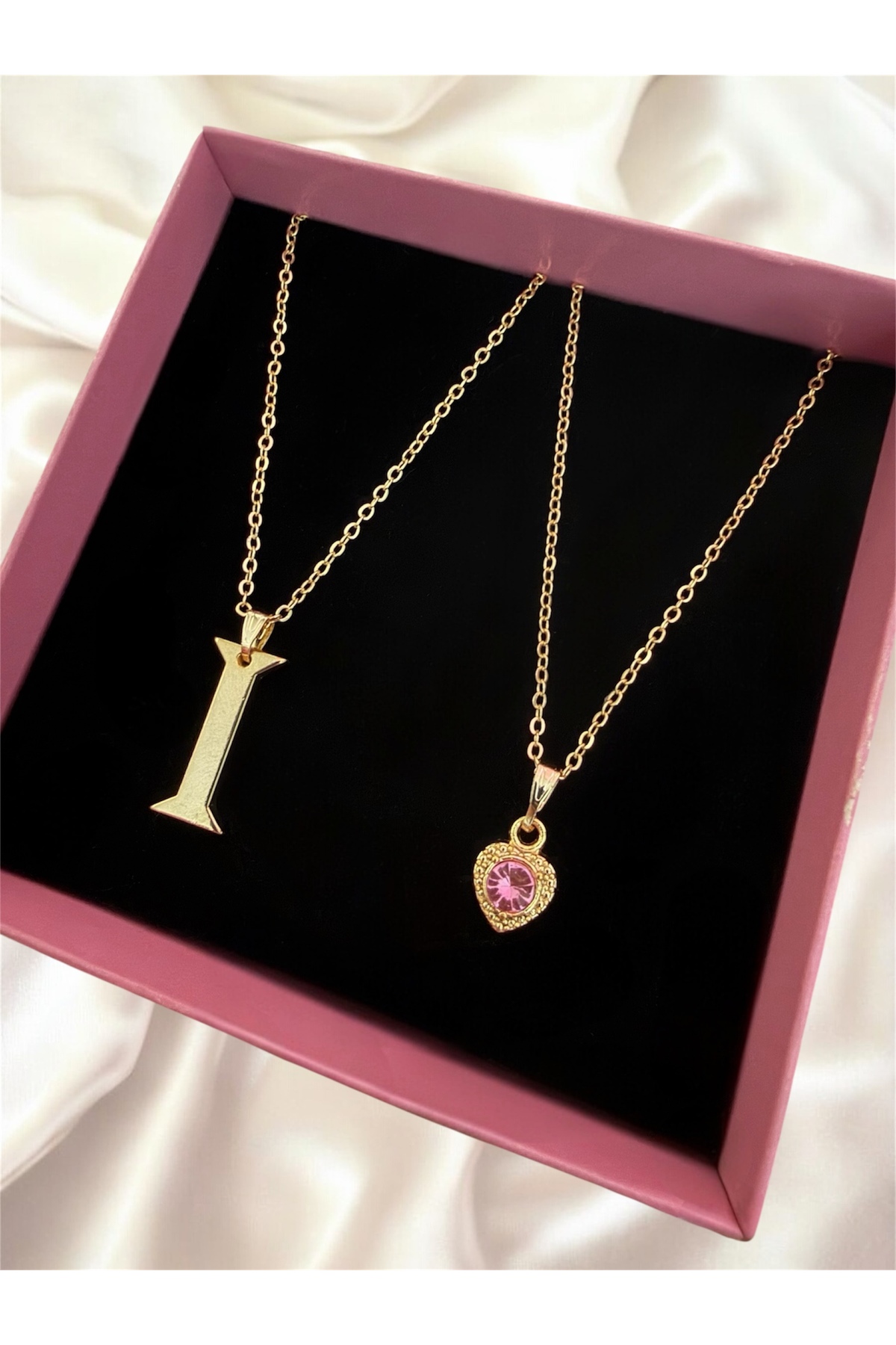 Gold Color Steel Letter I Pink Heart Necklace 2 Pieces Combination Letter Necklace