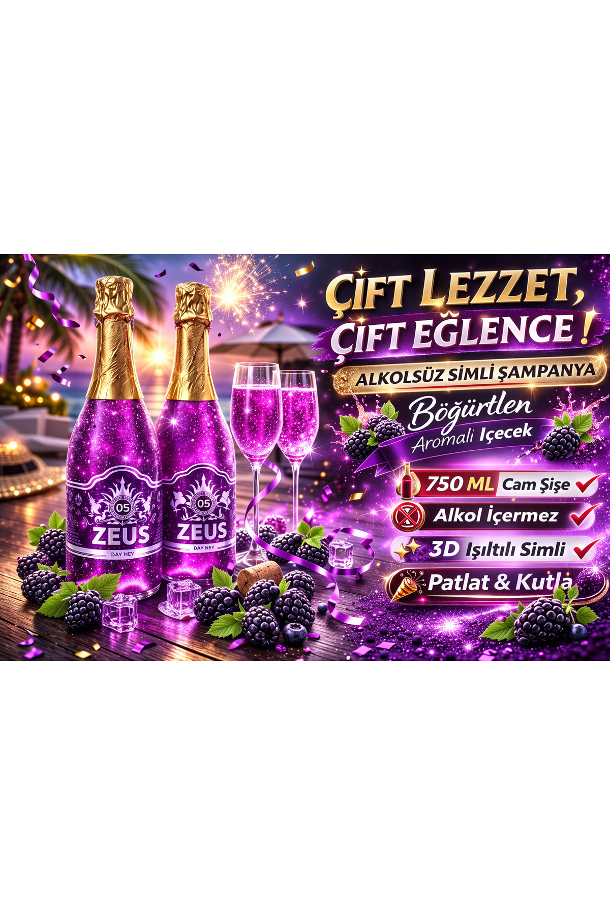 OS ZEUS Simli Alkolsüz Şampanya 2'li Böğürtlen & Böğürtlen Aromalı