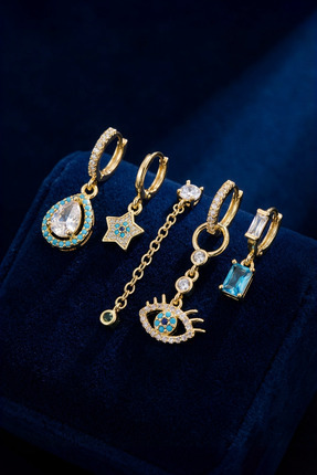 LYKOS Gold Çelik 5'li Kombin Küpe Seti - Nazar Boncuğu ve Yıldız Figürlü Çokl...