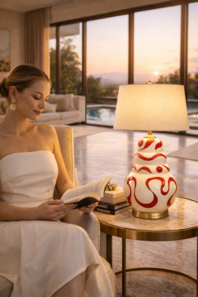 Vinner Luxury El Yapımı Seramik Desenli Abajur – Krem Silindir Şapka Villa Lü...