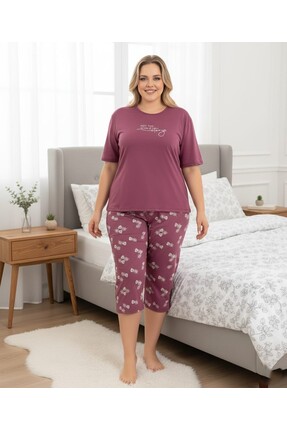 Temporium Kadın Curve Büyük Beden Milan Kumaş Kapri Kısa Kollu Pijama Takımı