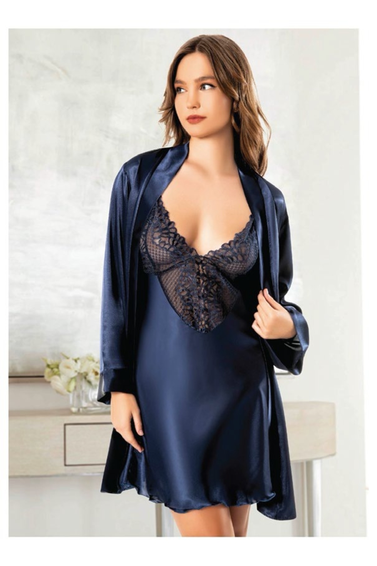 euro click Lüks Lacivert Saten Gecelik Sabahlık Takımı Set