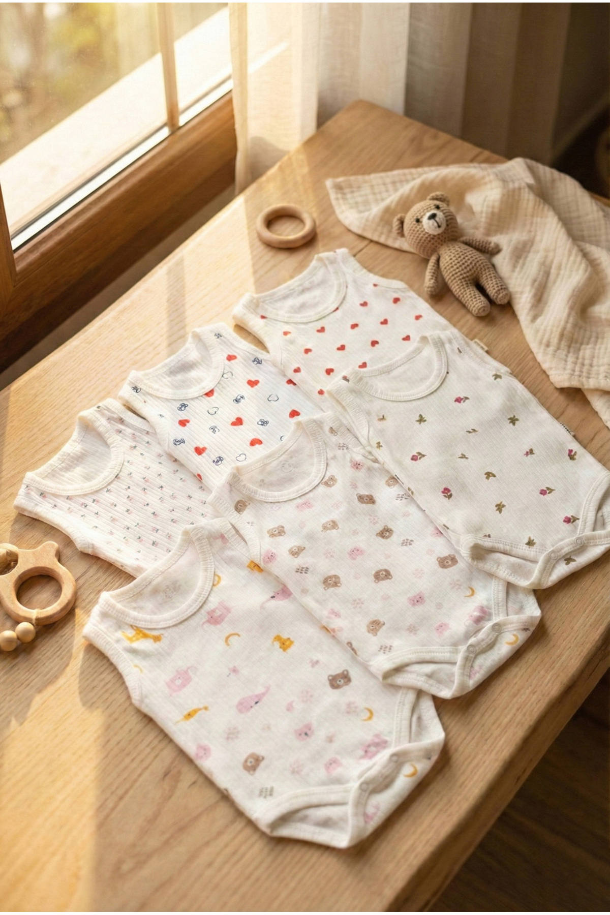 Noone 6'lı Çok Desenli Fitilli Pamuklu Bebek Askılı Badi Seti Atlet Zıbın fotoğrafı 2 (önizleme)