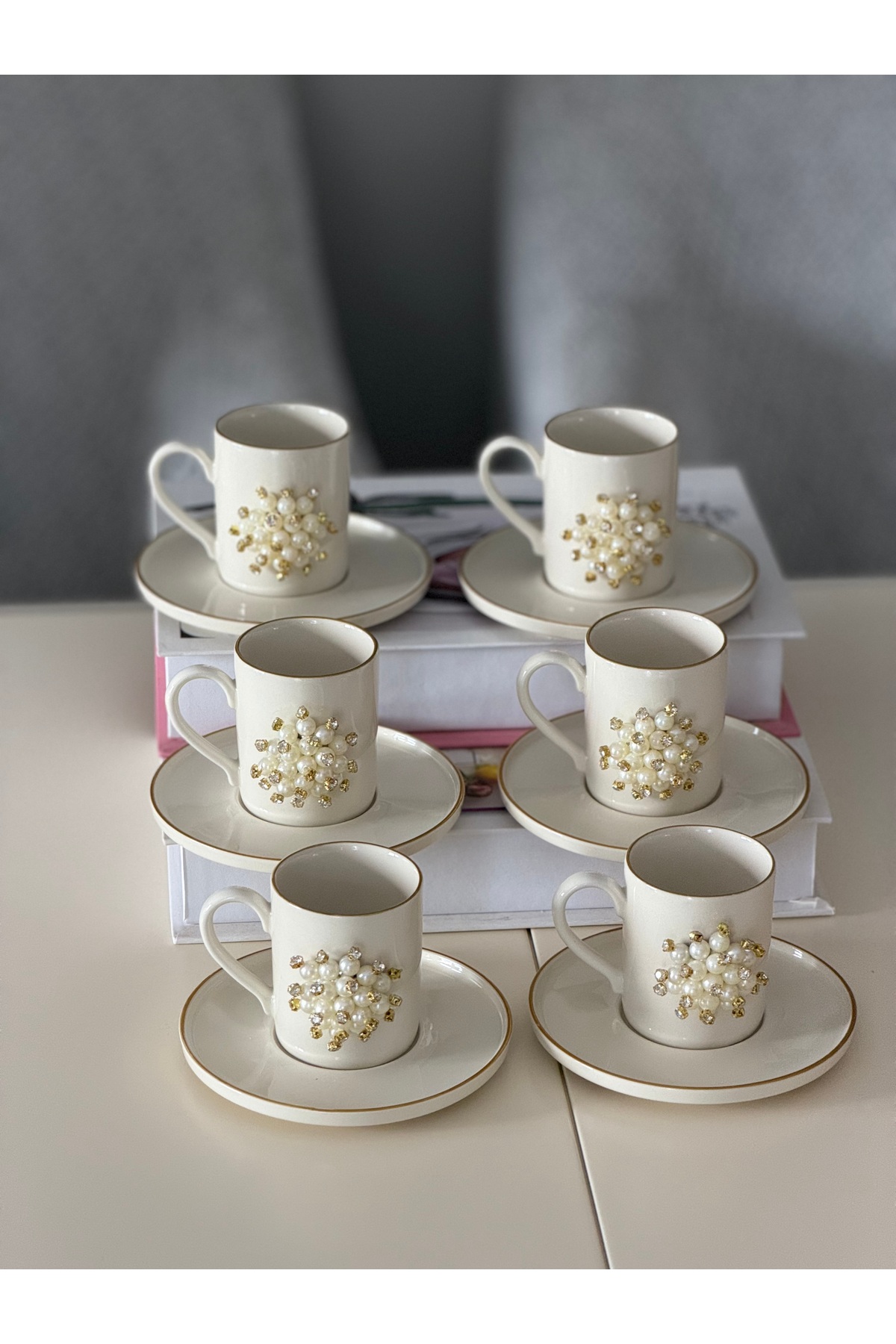 6 Kişilik İncili Porselen Kahve Fincanı