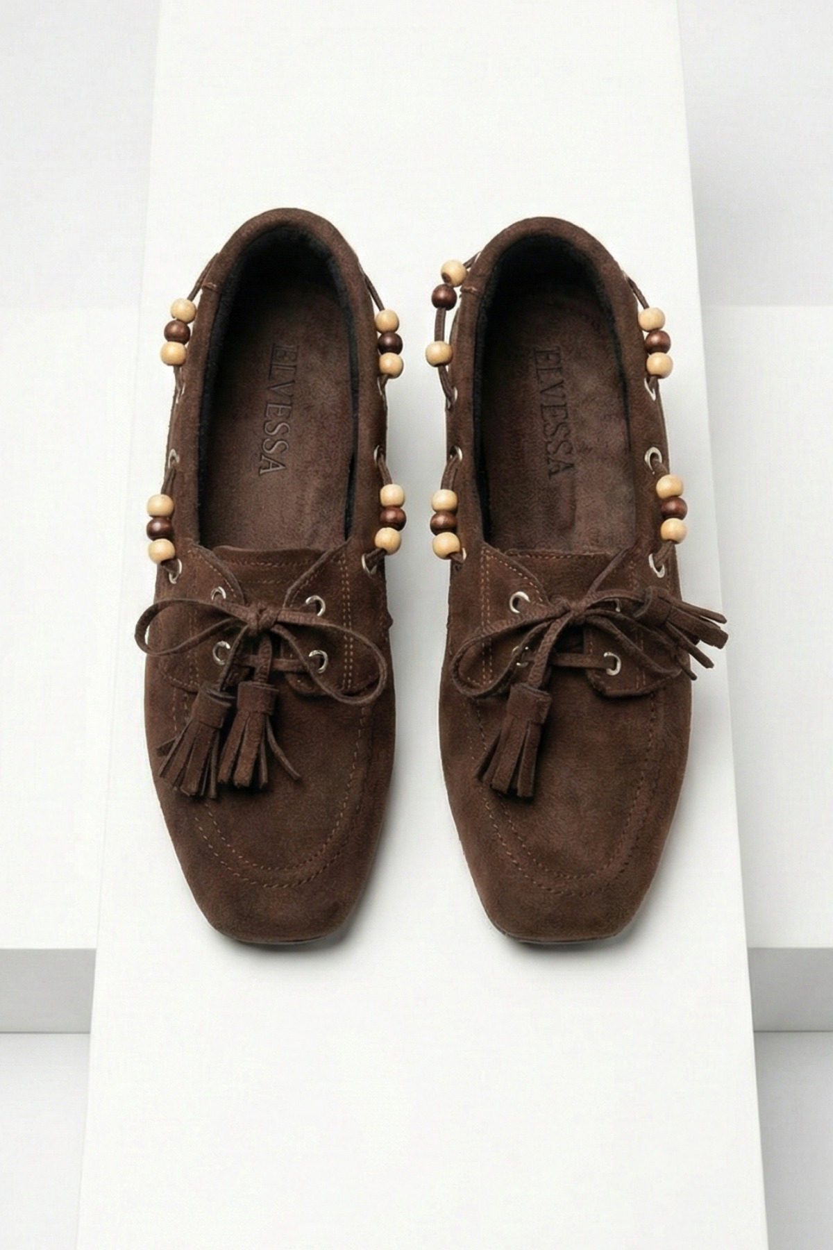 Elvessa  Kadın Acı Kahve Süet Püsküllü Boncuk Detaylı Rahat Taban Makosen Loafer Babet - Görsel 3