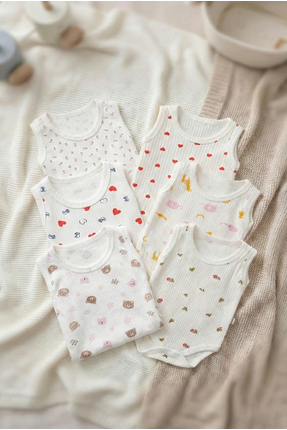 Noone 6'lı Çok Desenli Fitilli Pamuklu Bebek Askılı Badi Seti Atlet Zıbın