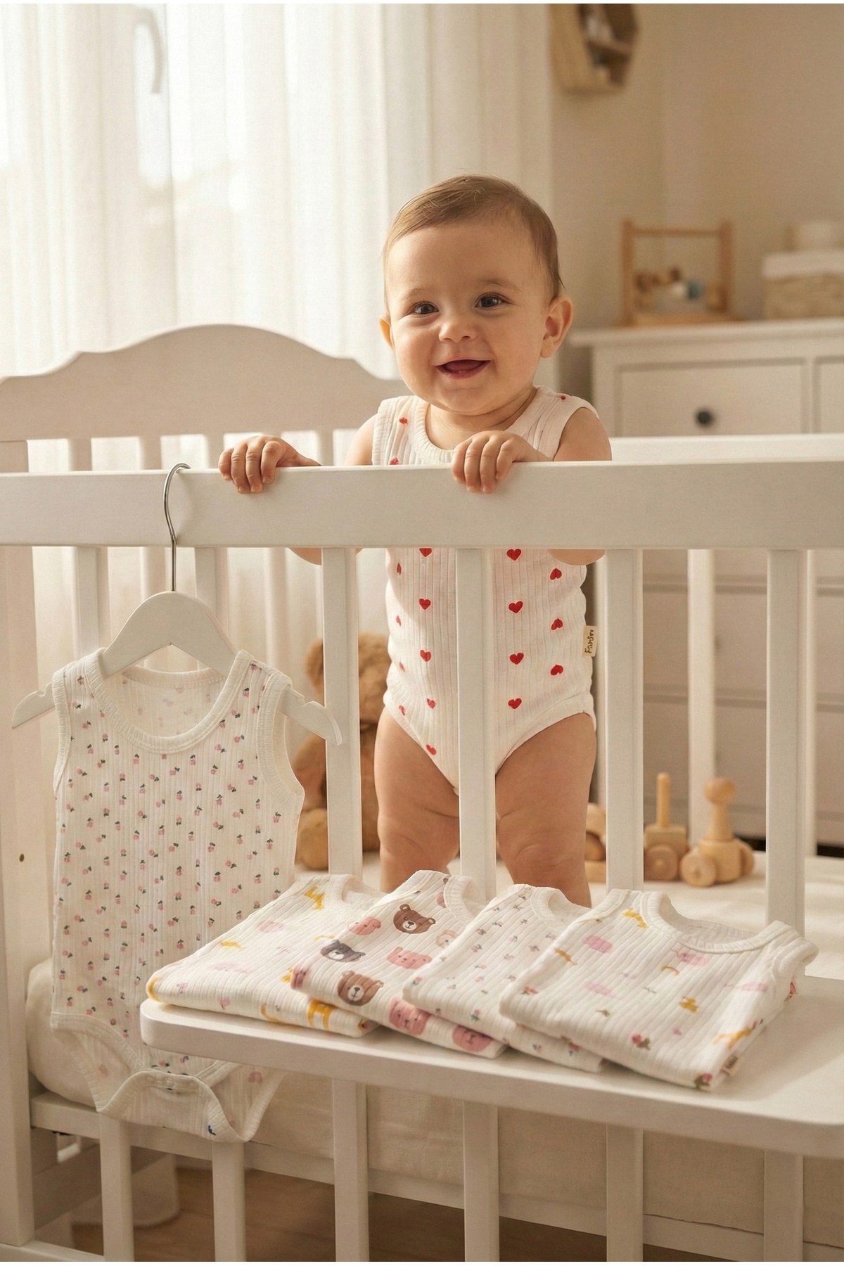 Noone 6'lı Çok Desenli Fitilli Pamuklu Bebek Askılı Badi Seti Atlet Zıbın fotoğrafı 4 (önizleme)