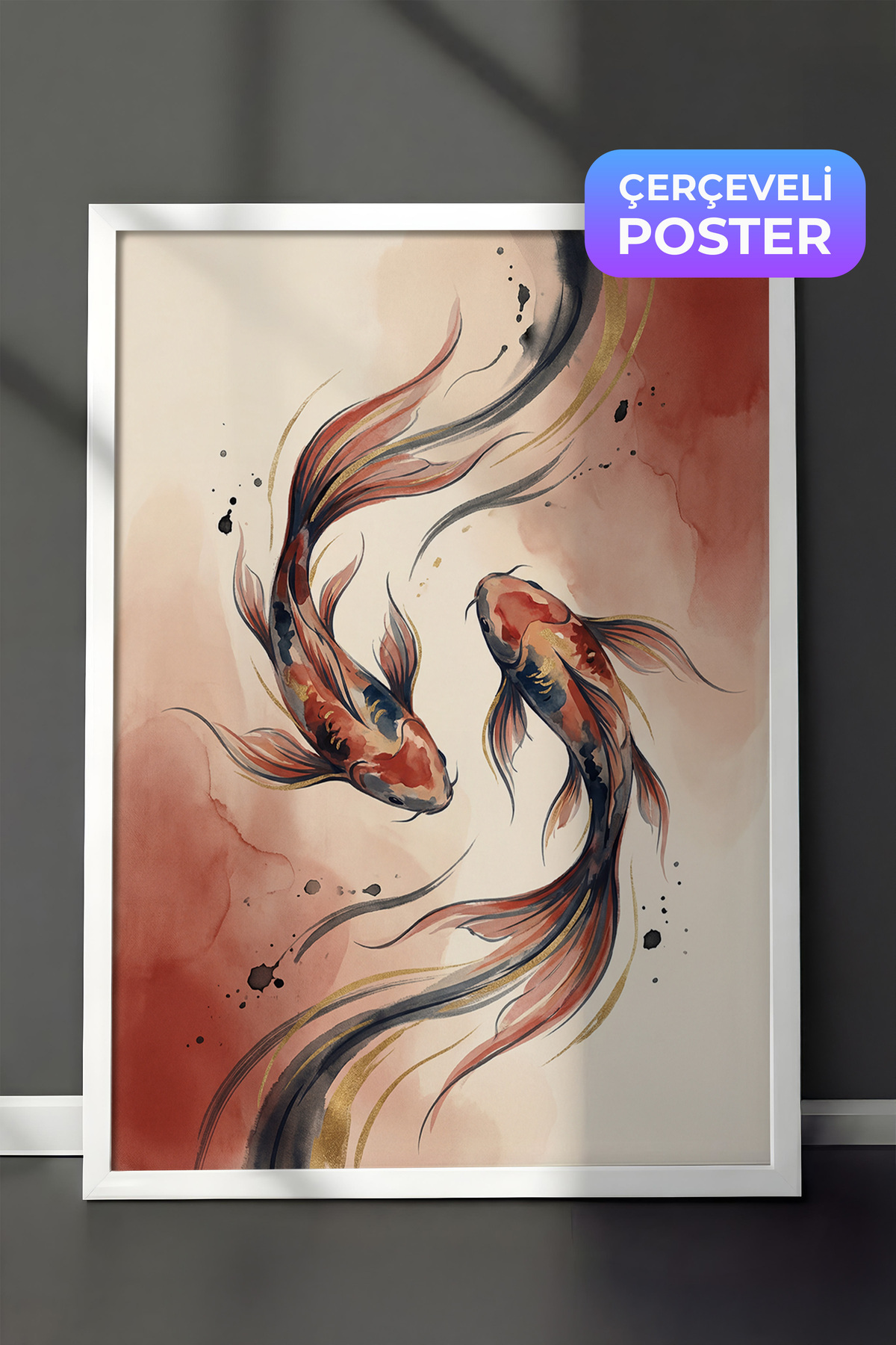 White Framed Wall Table Flame Tones Fluid Koi Movement Living Room Decor