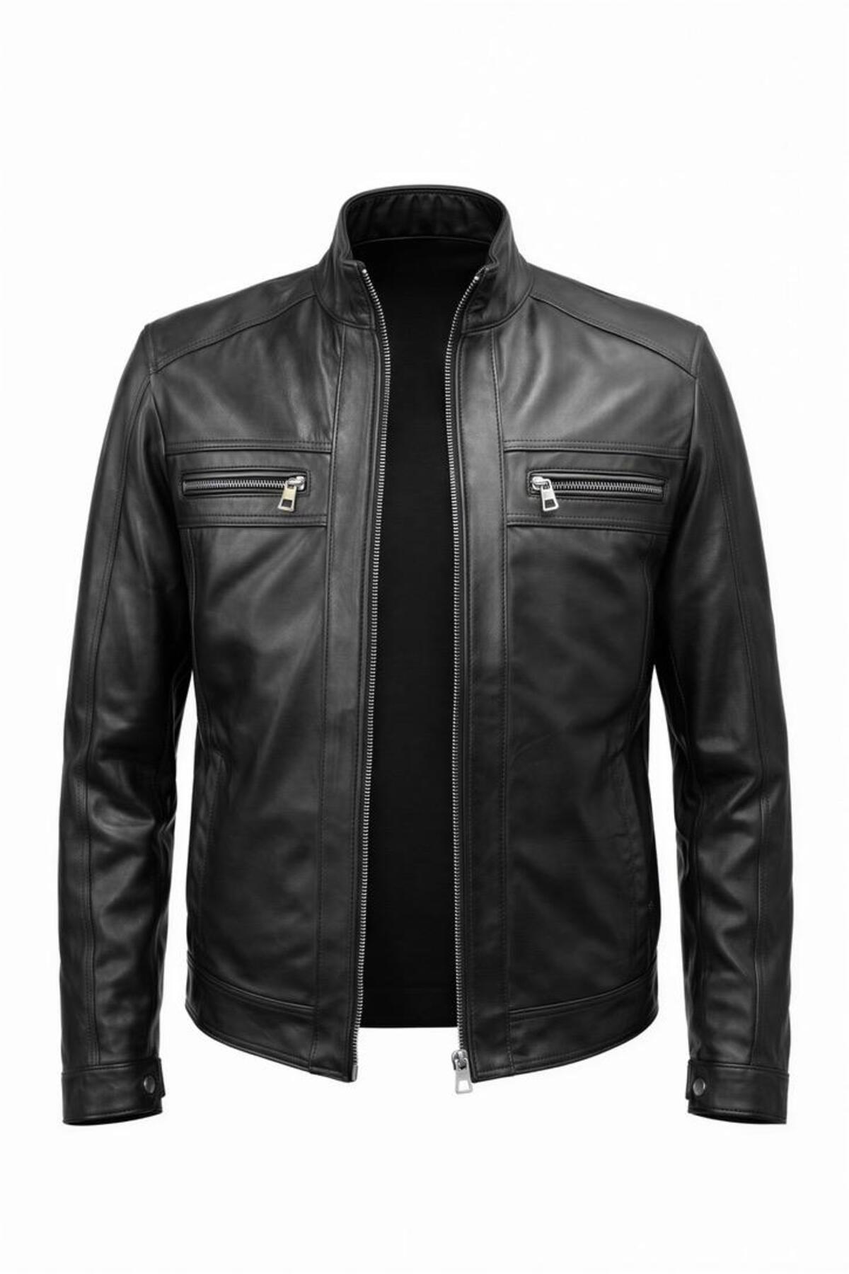 VELZANA  Hakiki Kuzu Derisi Erkek Deri Ceket Biker Racer Fermuarlı Siyah Deri Mont