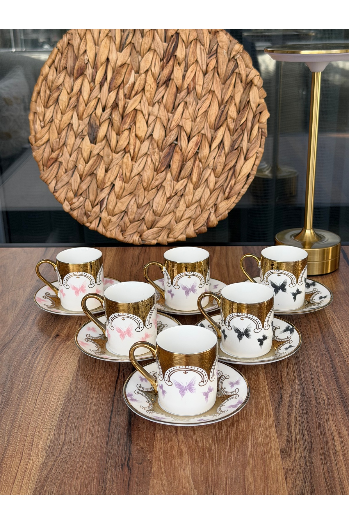 6 Kişilik Altın Yaldızlı Kelebekli Porselen Kahve Fincanı