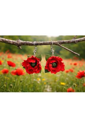 Nacreous Arts Wild Poppy Flame El Yapımı Gelincik Küpe–Kırmızı Çiçekli Sallan...