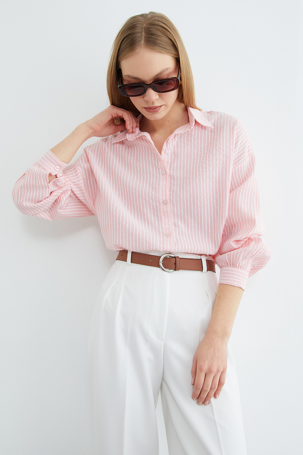 Fullamoda  Çizgili Arkası Uzun Oversize Gömlek - Görsel 8