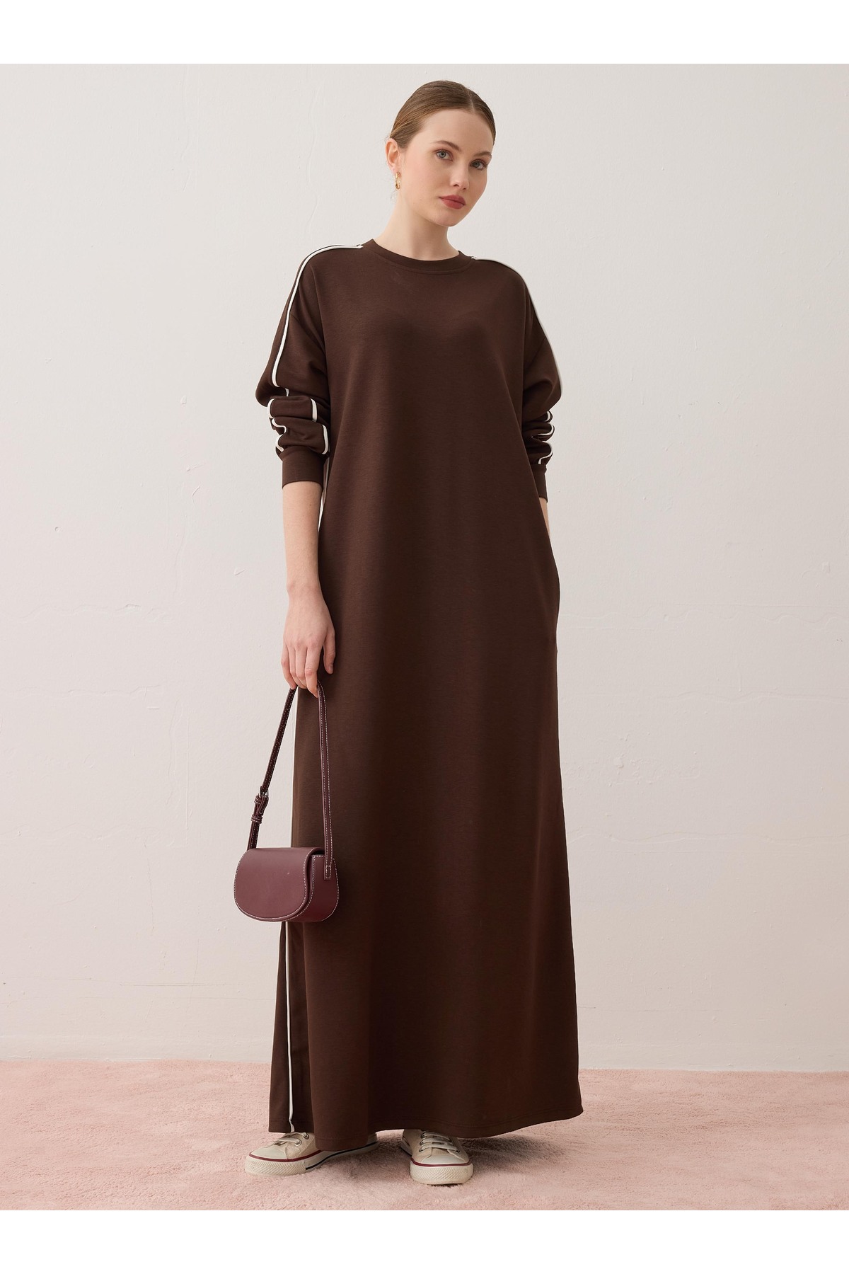 Benin Kontras Piped Detail Hijab Dress - Brown -