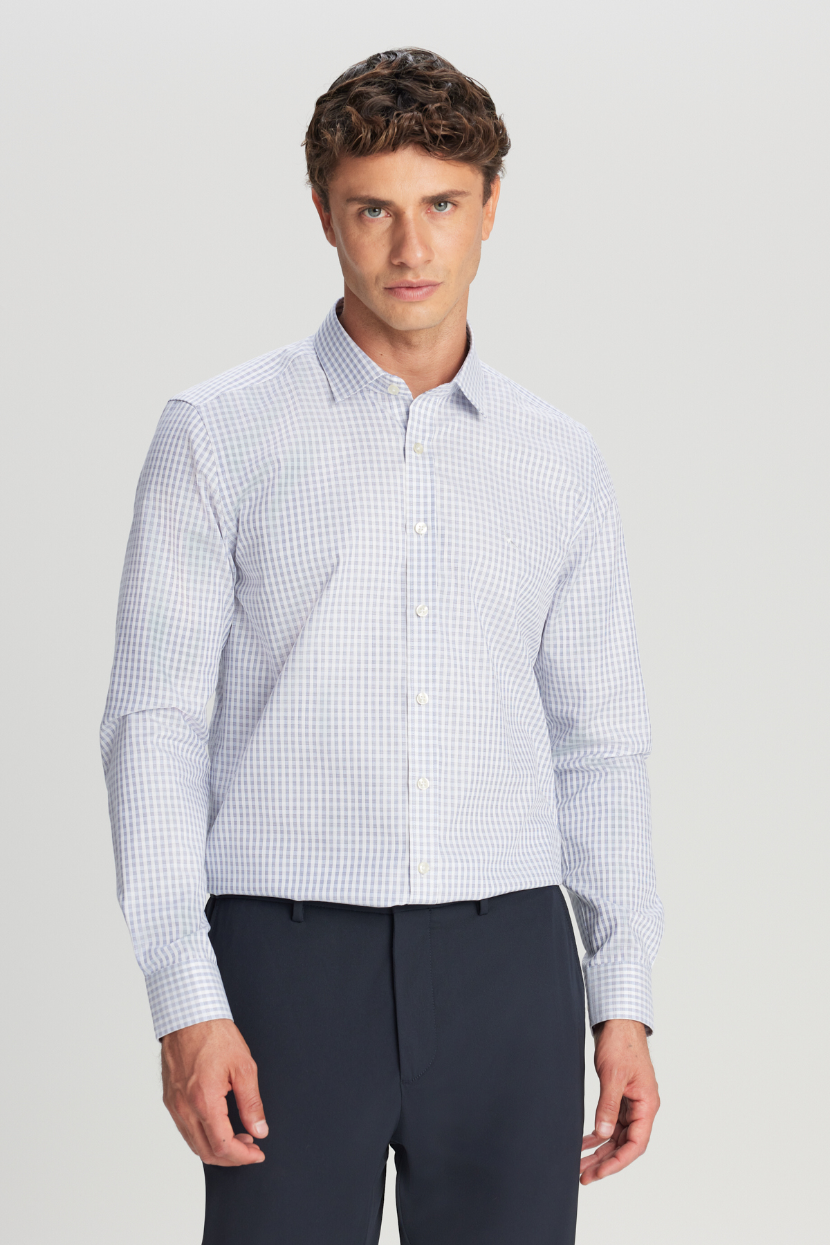 Men's Blue-WhiteNon-Iron Iron-Off 100% Cotton Slim Fit Slim Fit Classic Lapel Dobby Shirt