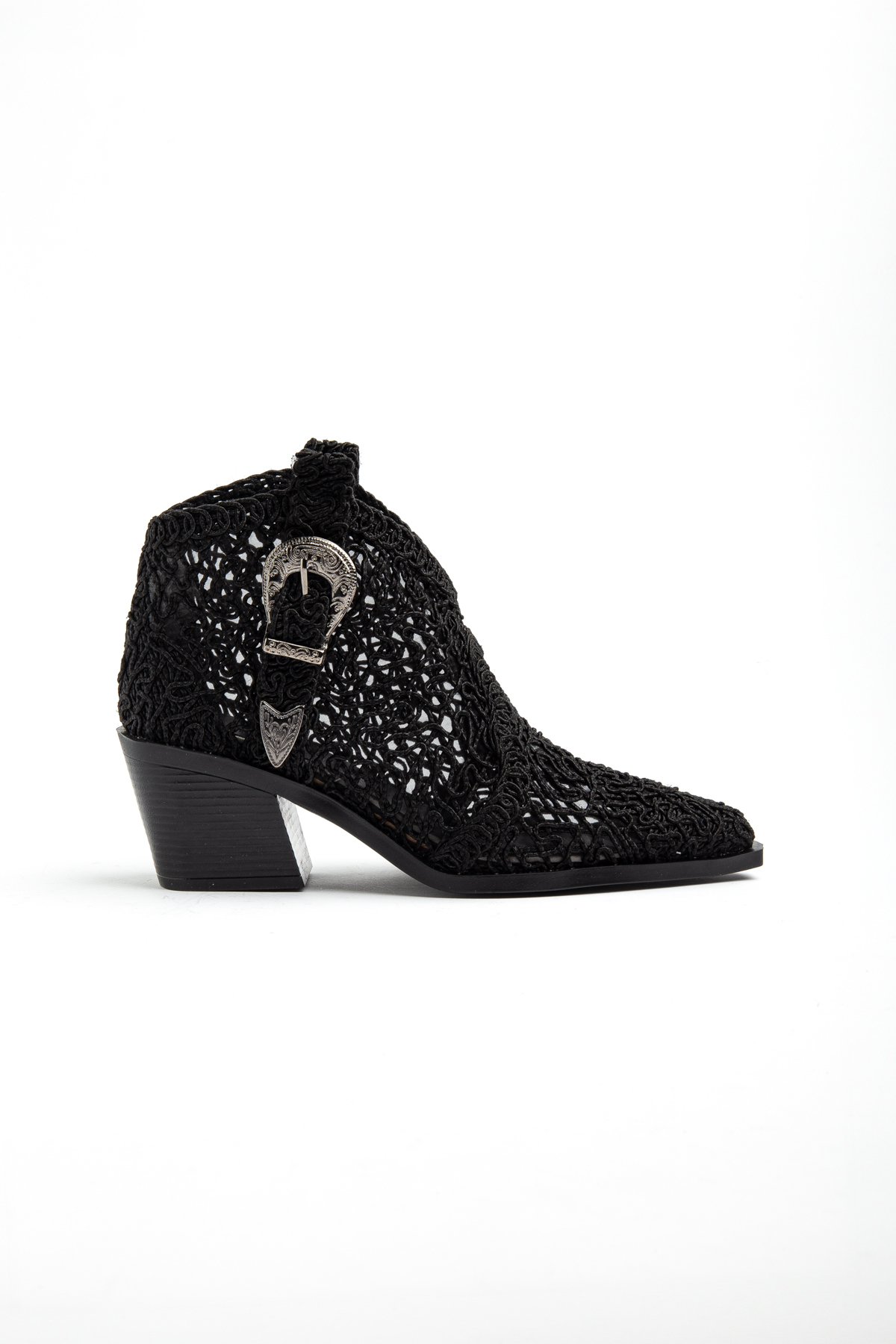 Black Lace Fabric Western Cowboy Short Ankle Buckle Summer Boots
