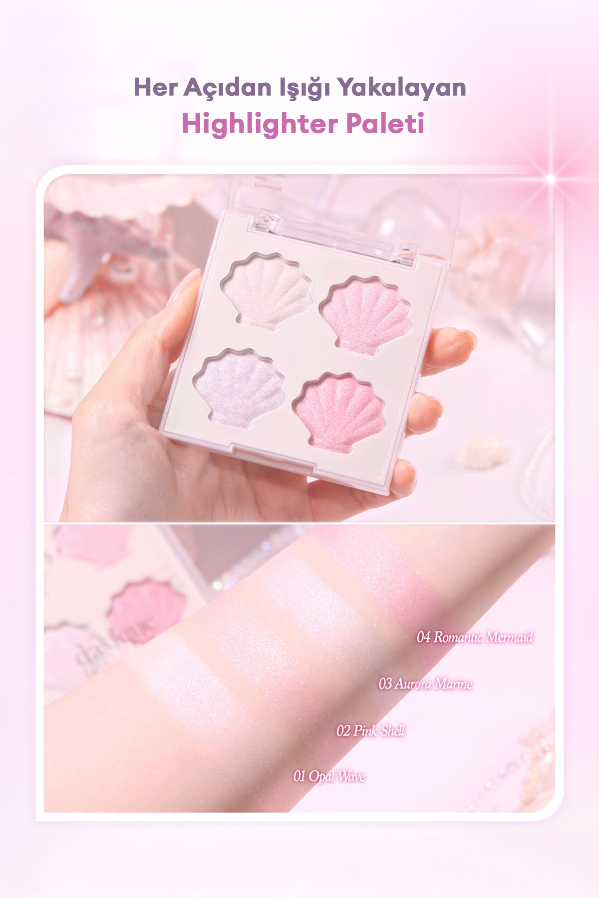 پالت هایلایتر Shine Glowy شماره 01 Twinkle Mermaid - هایلایتر ژلی با درخشندگی چند بعدی — صورتی 9039 — تصویر 6 از 9