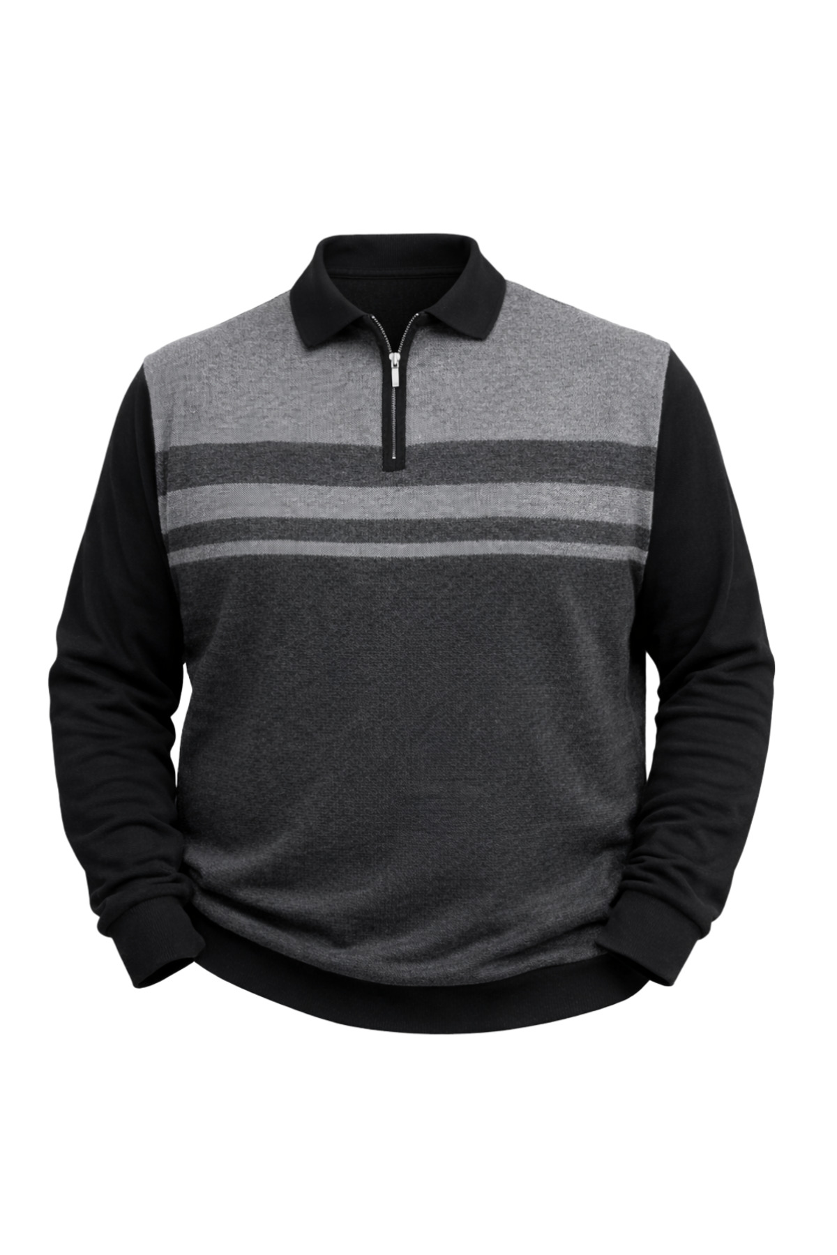 BattalModa Erkek Büyük Beden Siyah Polo Yaka Çizgili Fermuarlı Triko Kazak 3XL-4XL-5XL-6XL görsel 4