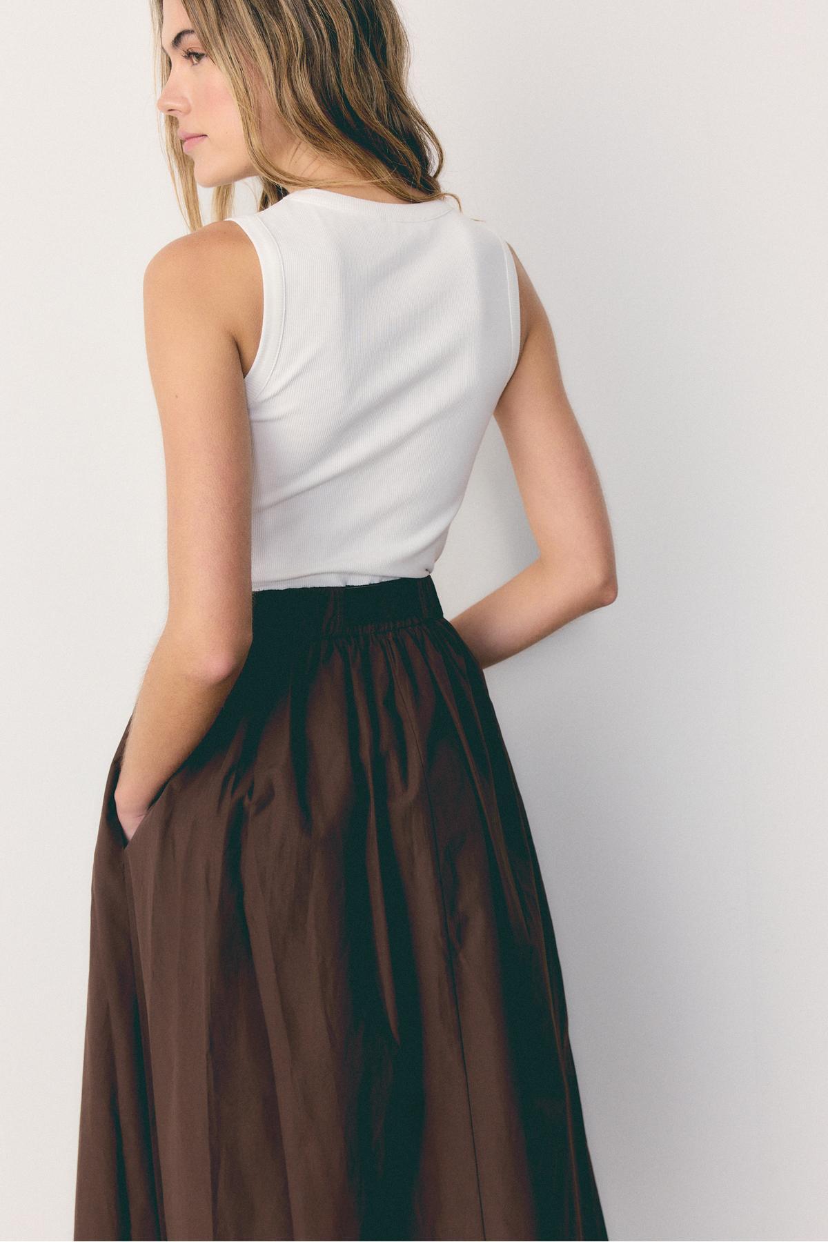 Stradivarius  Kolsuz iki malzemeli kemerli midi elbise - Görsel 5