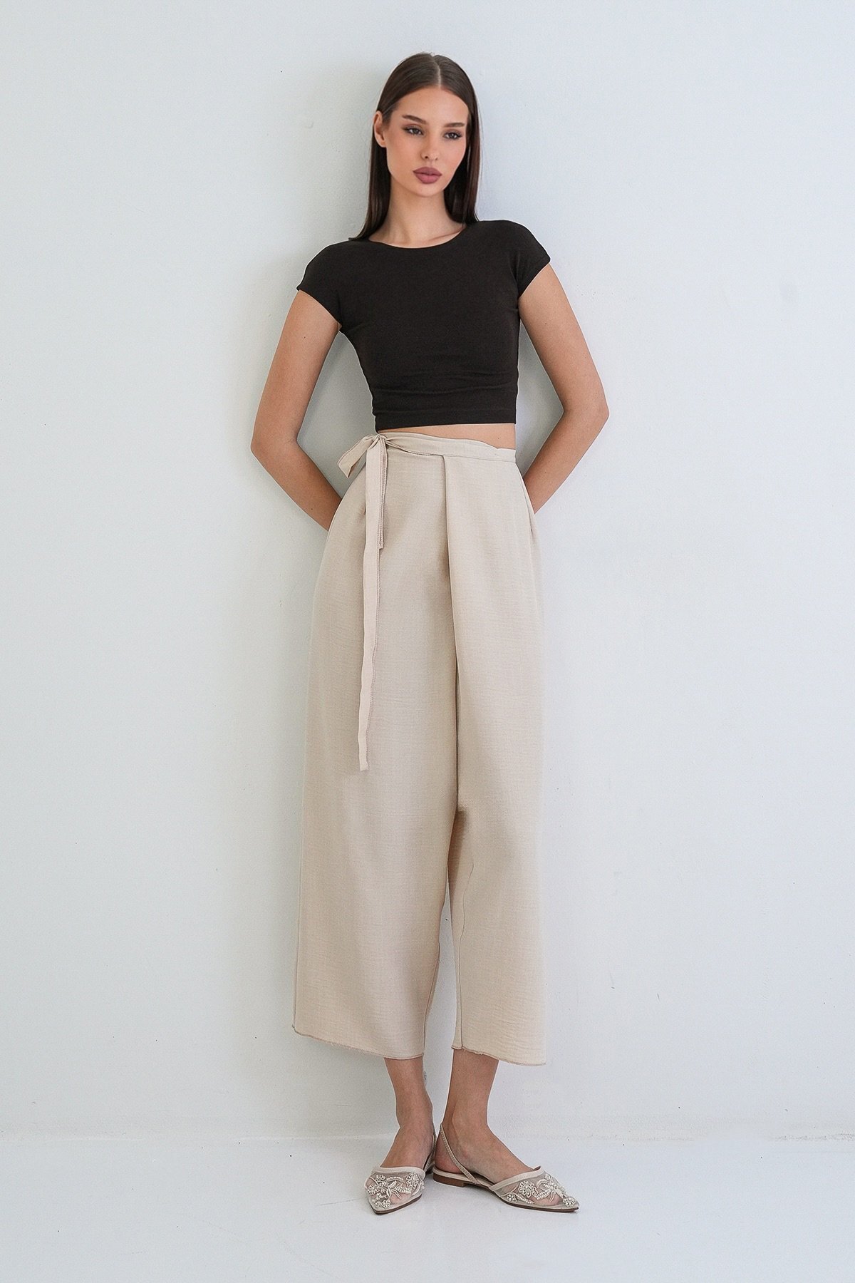 Cream Sofia Linen Double Breasted High Waist Hidden Zipper Pants ALC-X15301