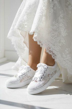 Stilo Dantelli Gelinlik Ayakkabısı Abiye Beyaz Çiçek Desenli Çok Rahat