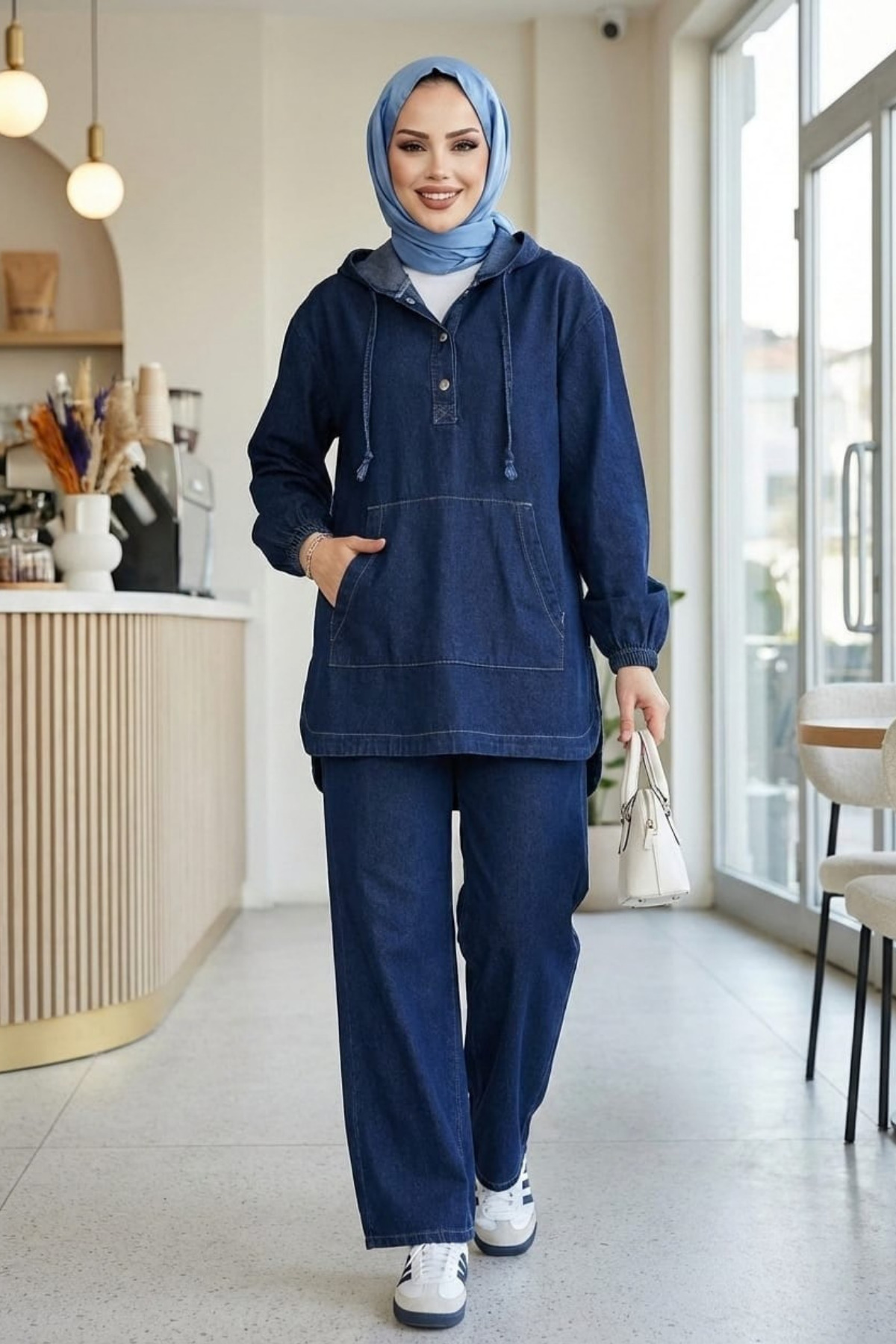 Hb Harma Time Butik Women's Hooded, Buttoned and Pocketed Dark Denim Blue Tunic Pants Two-Piece Set