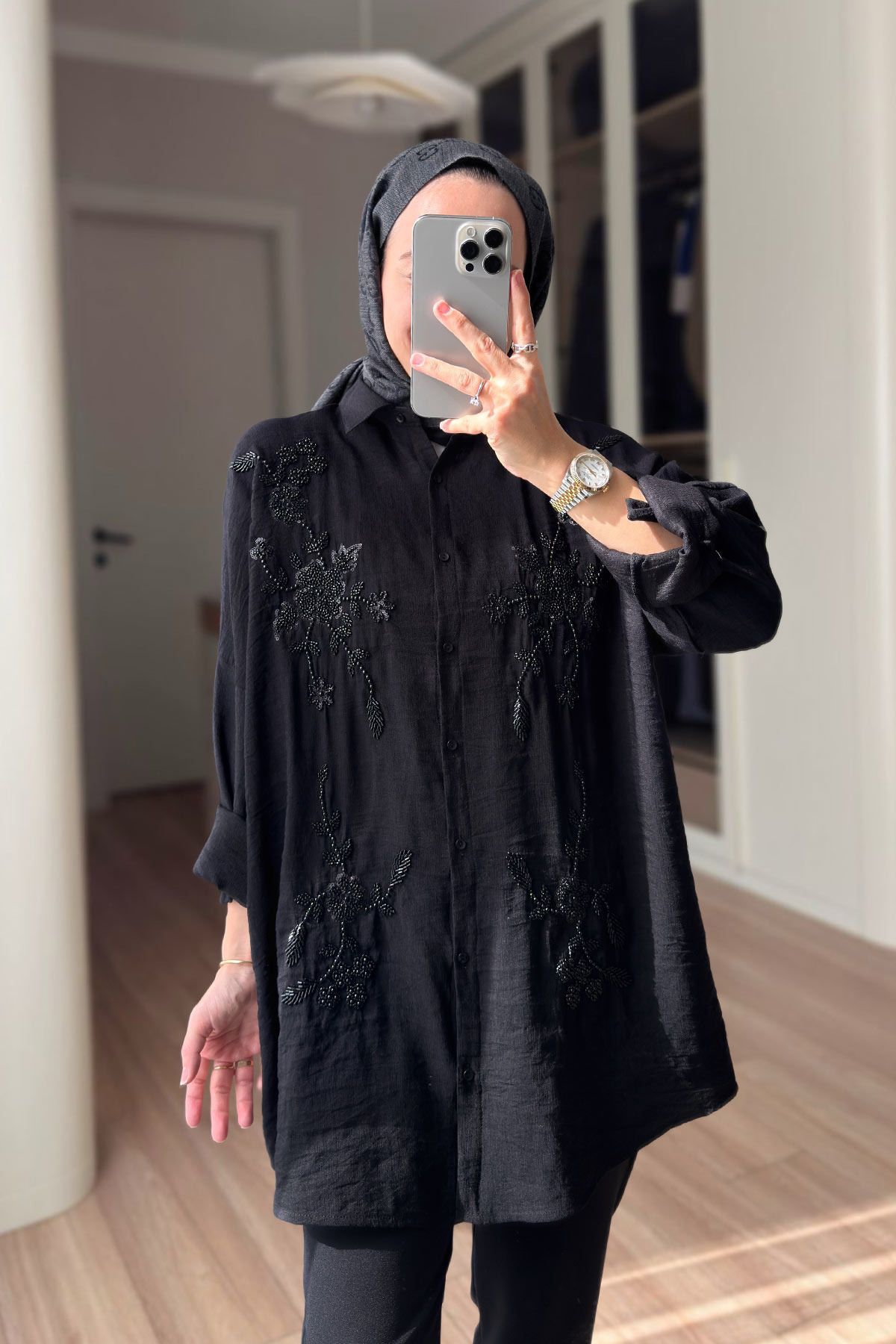 Ka Hijab  Liva Boncuk İşlemeli Gömlek - Siyah - Görsel 2