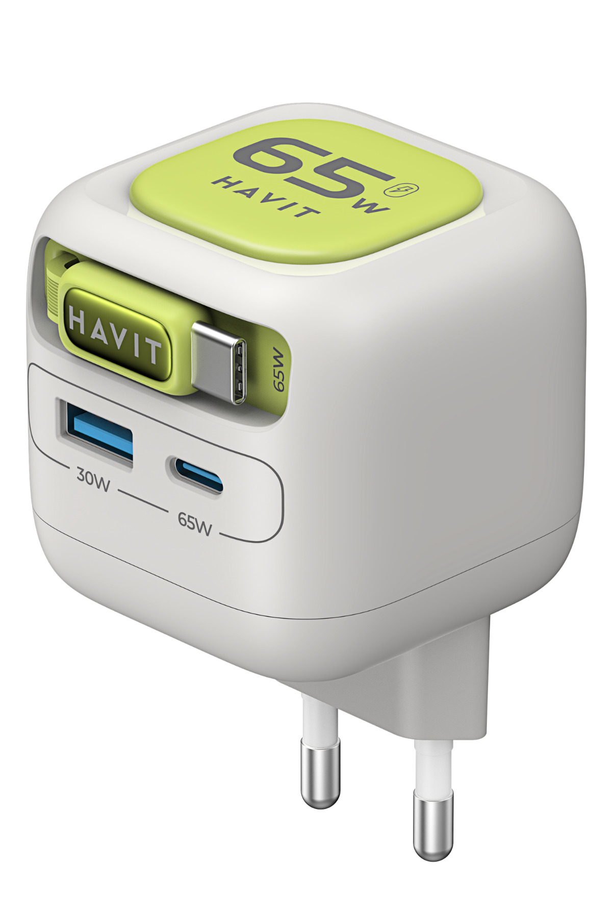 UC253 65W GaN Fast Charging Adapter With Retractable Cable PD Type-C- Grey Green