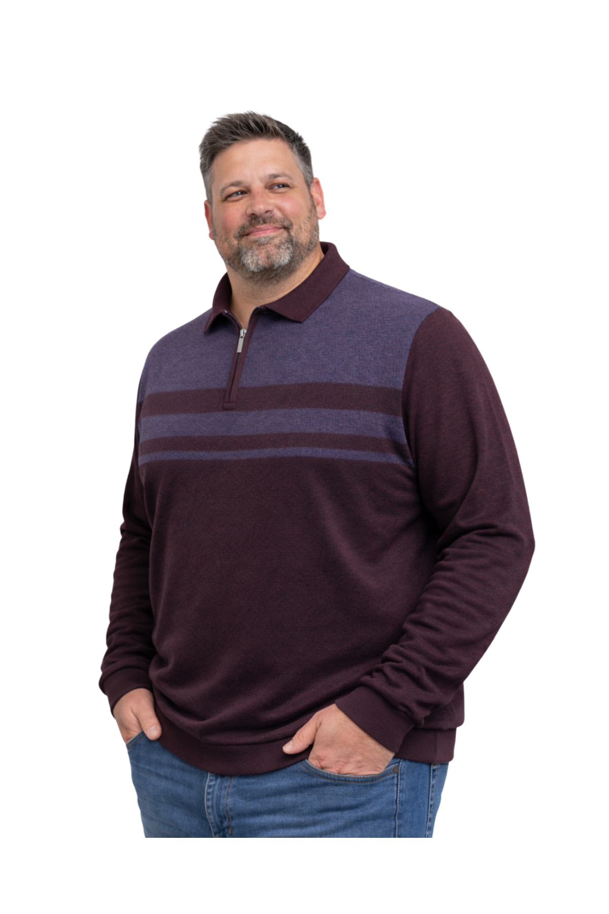 BattalModa Erkek Büyük Beden Bordo Polo Yaka Çizgili Fermuarlı Triko Kazak 3XL-4XL-5XL-6XL görsel 2