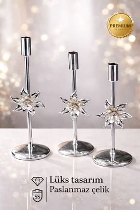 AslanhanHome 3,lü Set Papatya İkonlu Gümüş Renk Şık Dekoratif Şamdaklık Mumlu...
