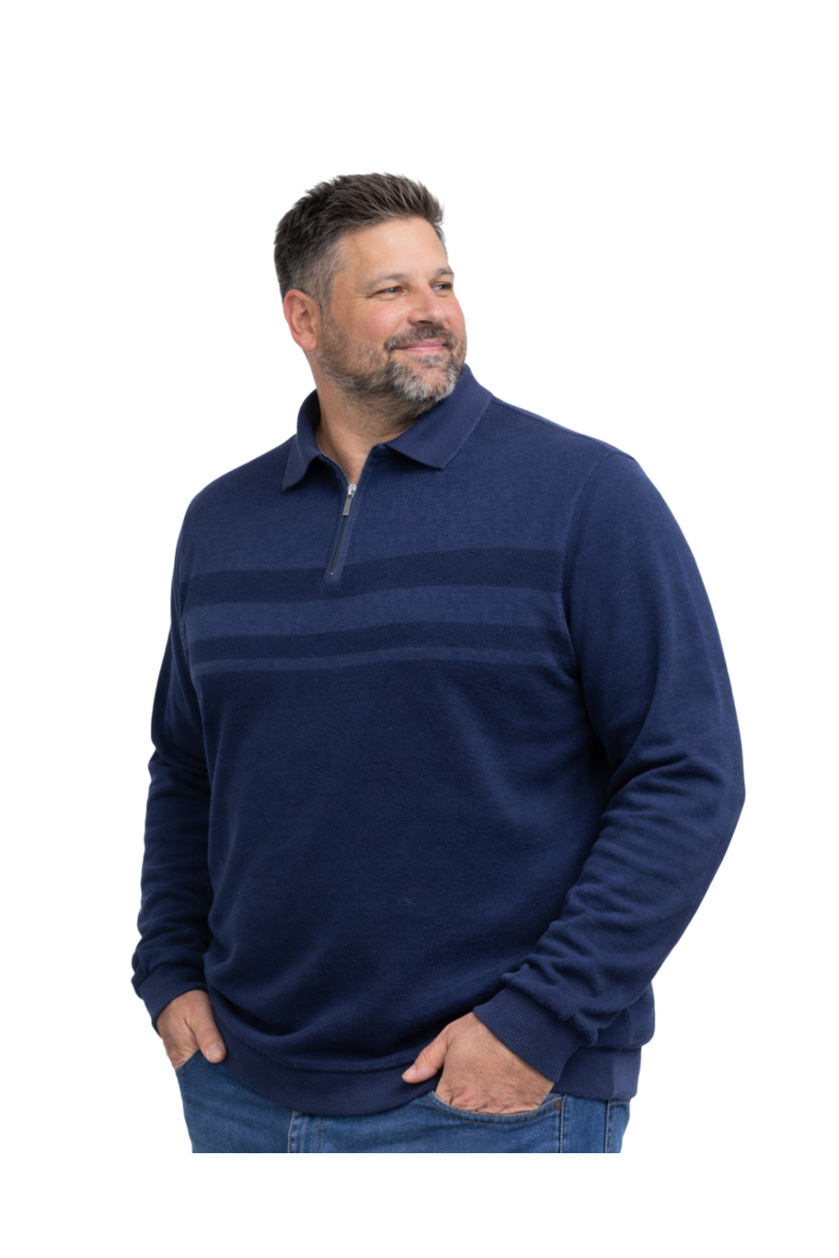 BattalModa Erkek Büyük Beden Melanj Lacivert Polo Yaka Çizgili Fermuarlı Triko Kazak 3XL-4XL-5XL-6XL görsel 2