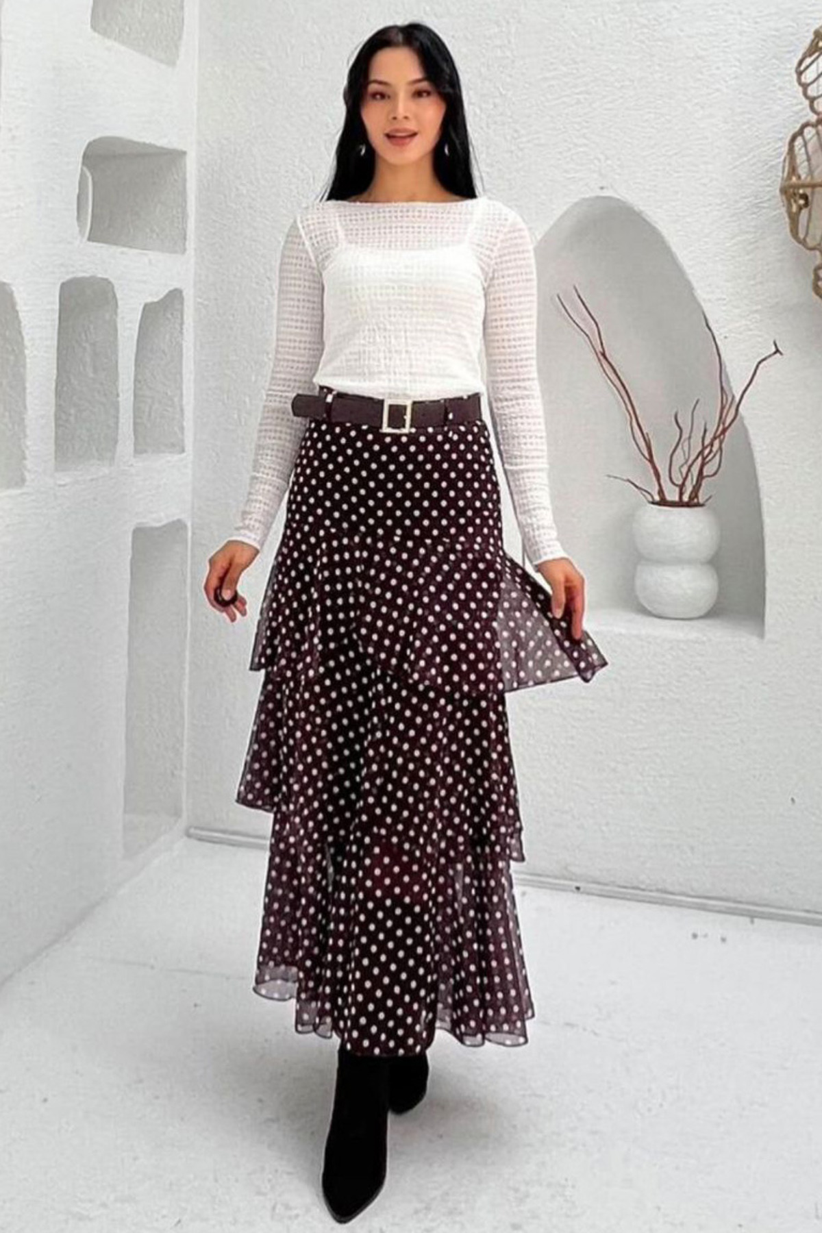 Madmext  Kahverengi/Beyaz Kemerli Yırtmaçlı Puantiye Desen Volanlı Etek MG2715 - Görsel 3