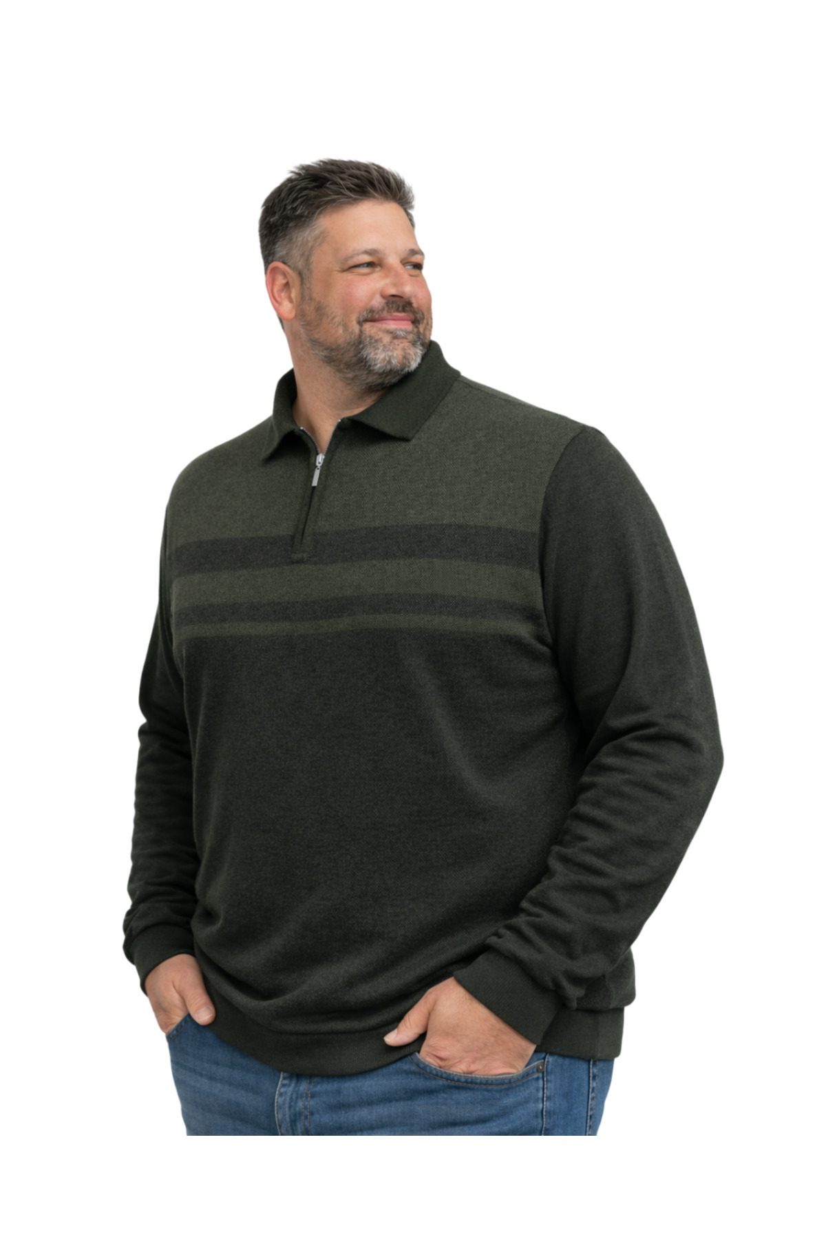 BattalModa Erkek Büyük Beden Haki Polo Yaka Çizgili Fermuarlı Triko Kazak 3XL-4XL-5XL-6XL görsel 2