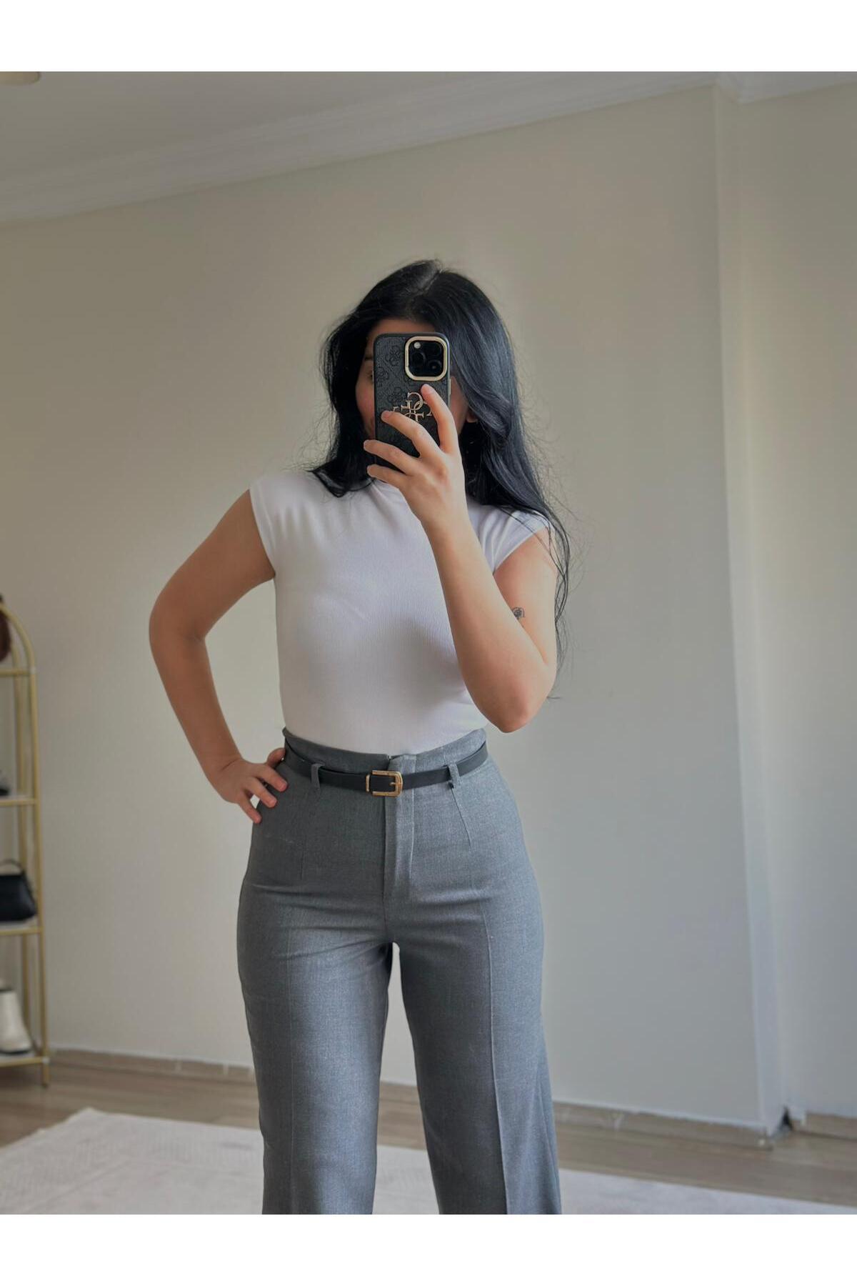 YELZEY BUTİK  Yüksek Bel Kemerli Palazzo Pantolon - Görsel 4