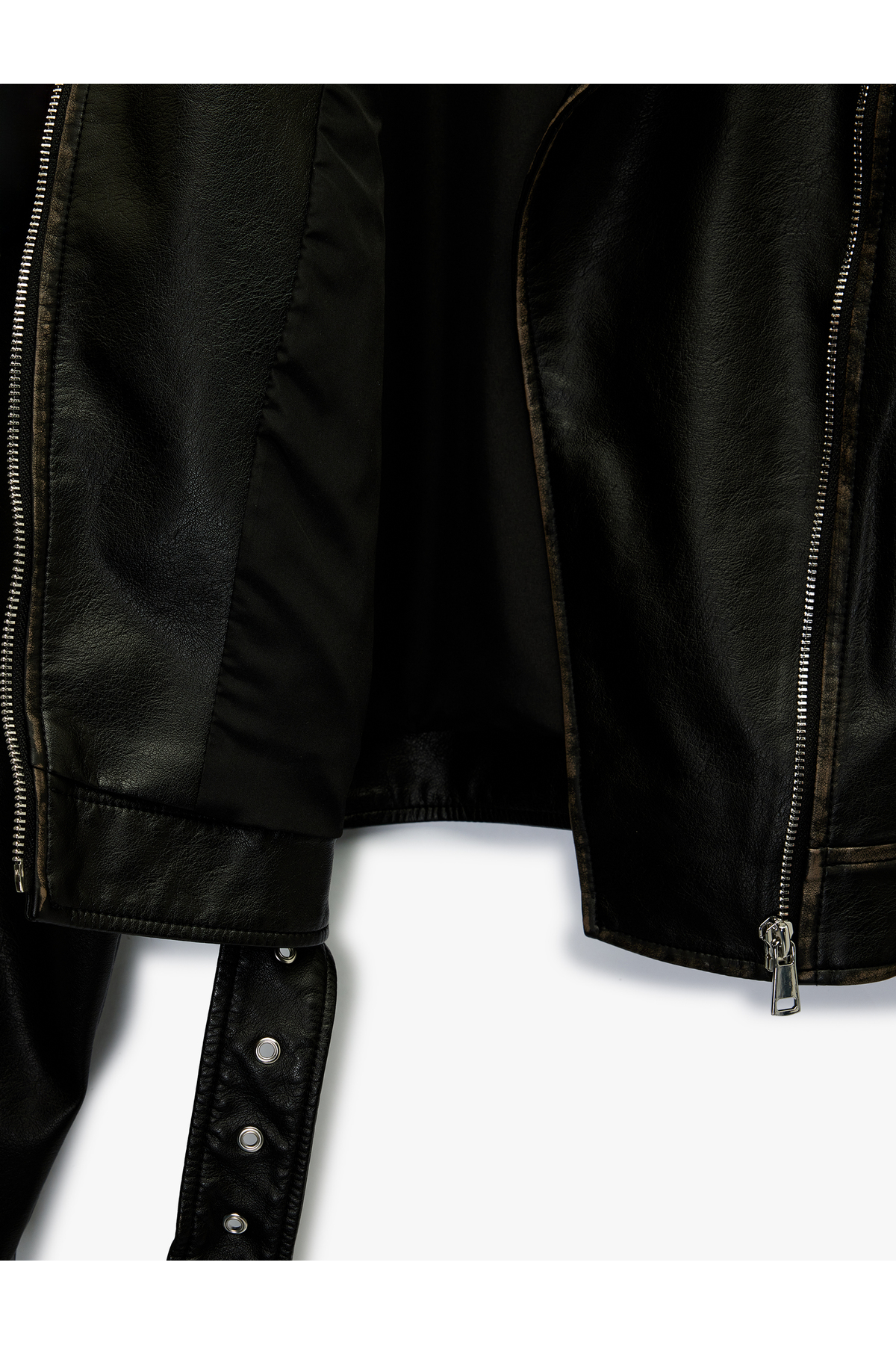 Koton  Uzun Kollu Fermuarlı Kemerli Suni Deri Biker Ceket - Görsel 7