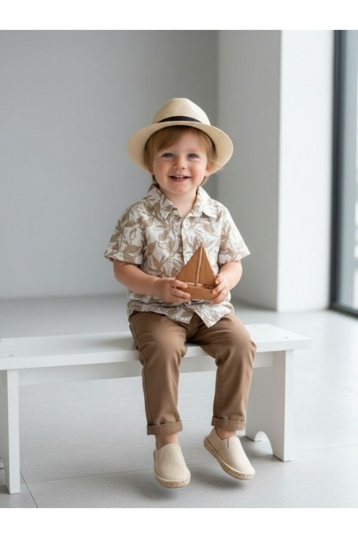 Zekids Erkek Çocuk Yazlık Yaprak Desenli Keten Gömlek fotoğrafı 3 (önizleme)