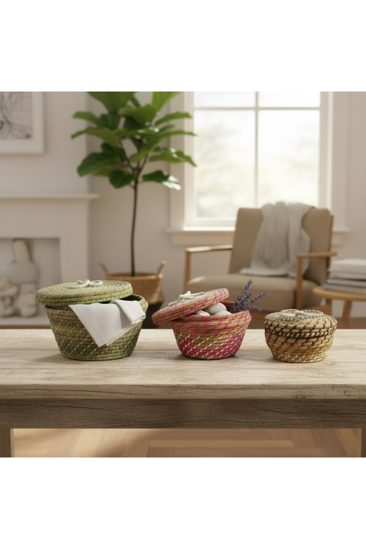 سلة خوص بغطاء طقم 3 قطع