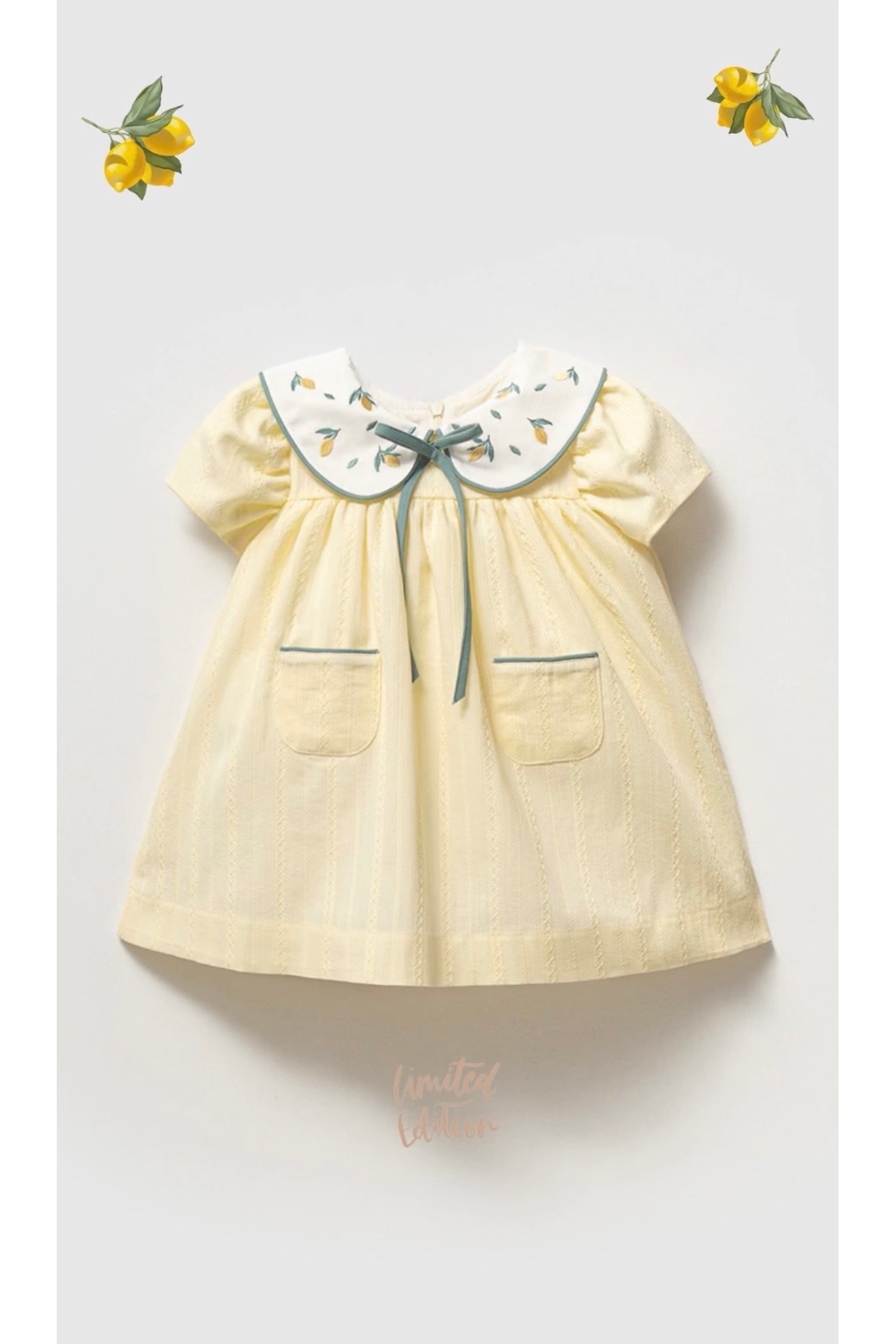 NoyNoy Baby %100 Pamuklu OEKO-TEX Sertifikalı Kız Bebek 9-24 Ay Limon Nakış Yakalı Elbise fotoğrafı 2 (önizleme)