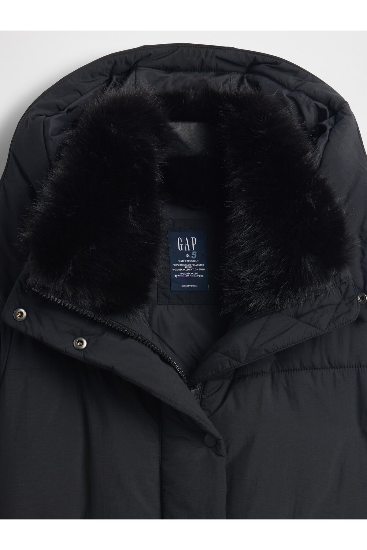 GAP  Kadın Siyah Faux Fur-Trim Midi Puffer Şişme Mont - Görsel 3