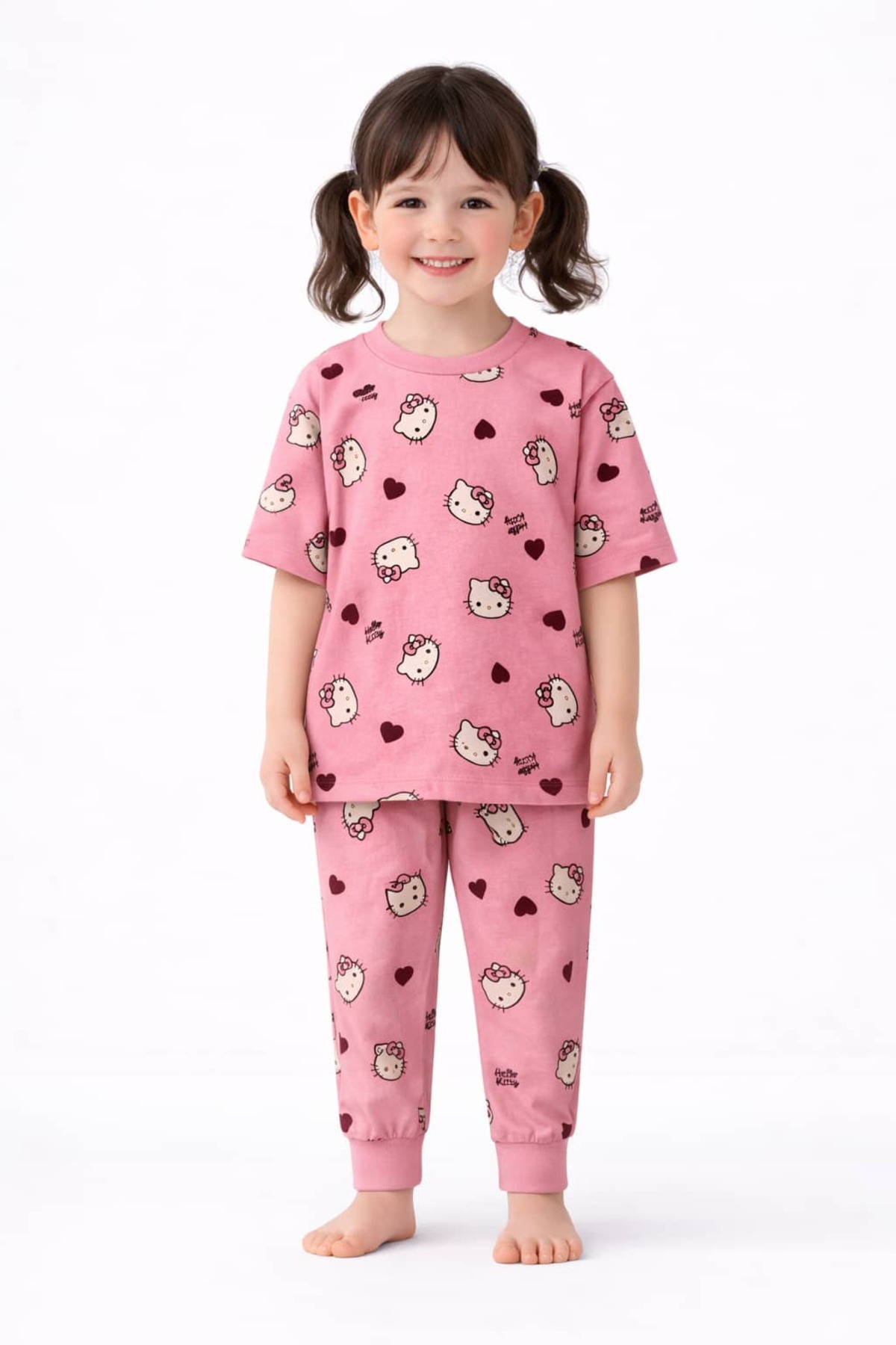 CQCQ Kız Çocuk Pembe Kalp & Kedi Desenli Yazlık Pijama Takımı %100 Pamuklu fotoğrafı 3 (önizleme)