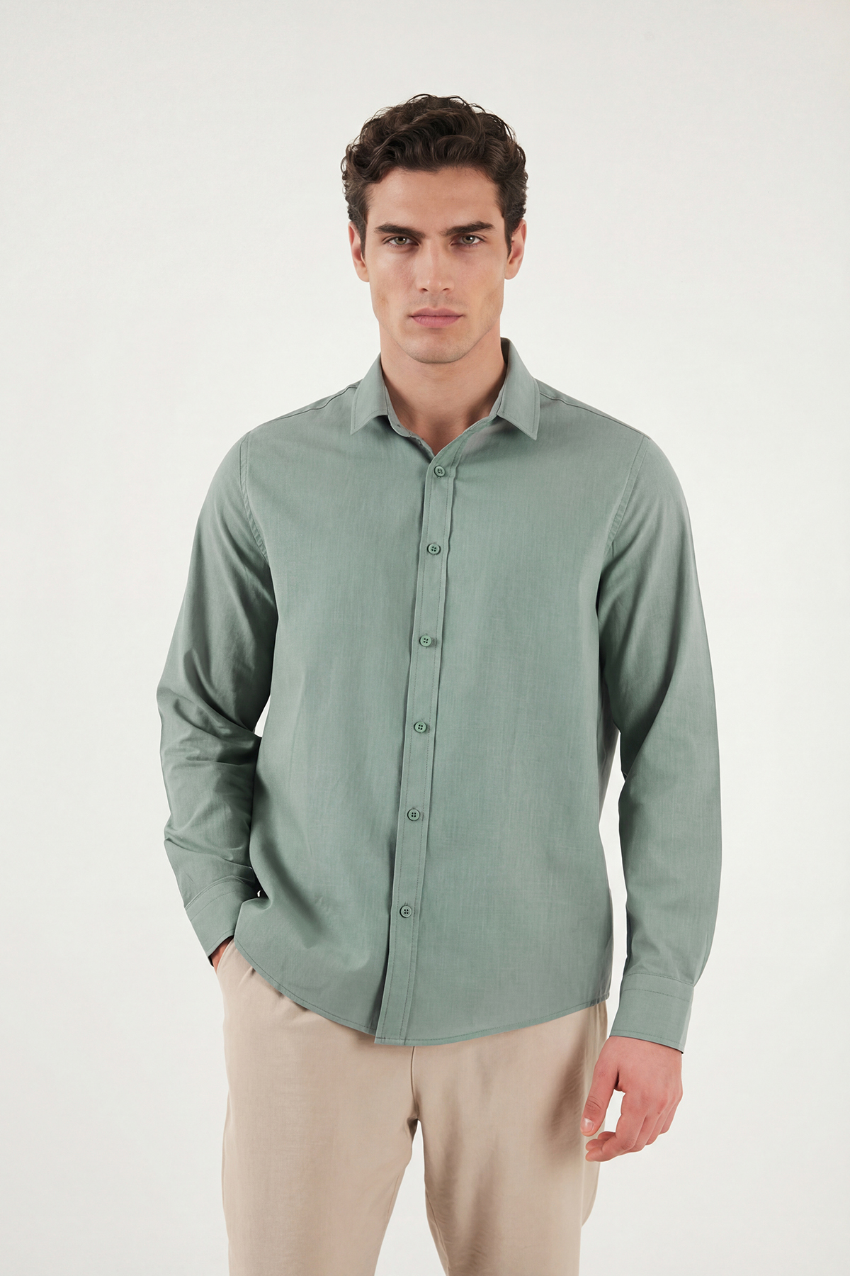 Buratti  Pamuk ve Keten Karışımlı Regular Fit Klasik Yaka Uzun Kollu Gömlek Erkek GÖMLEK CF26S1210134 - Görsel 3