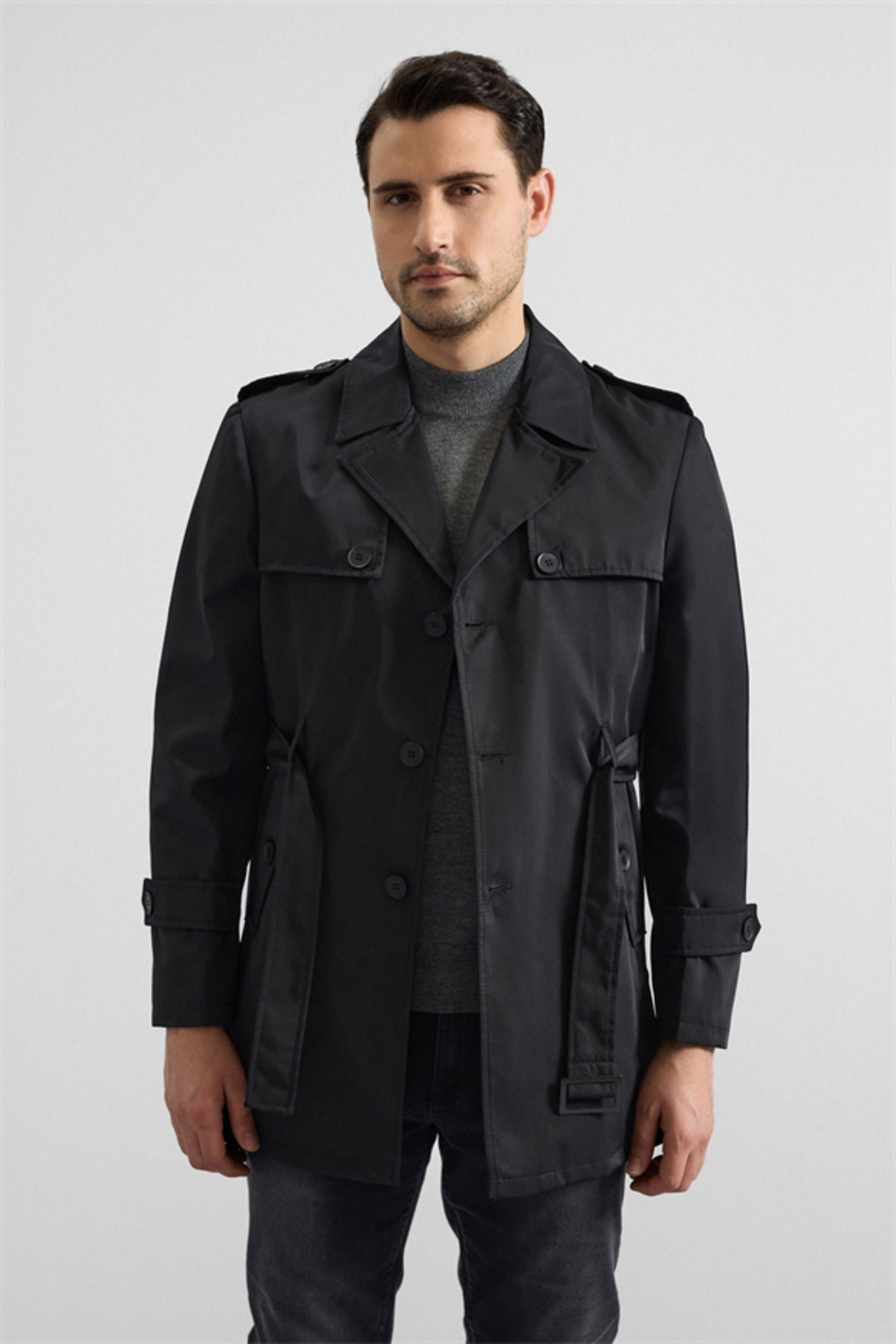 SÜVARİ  Siyah Slim Düz Cepsiz Trençkot - Görsel 2
