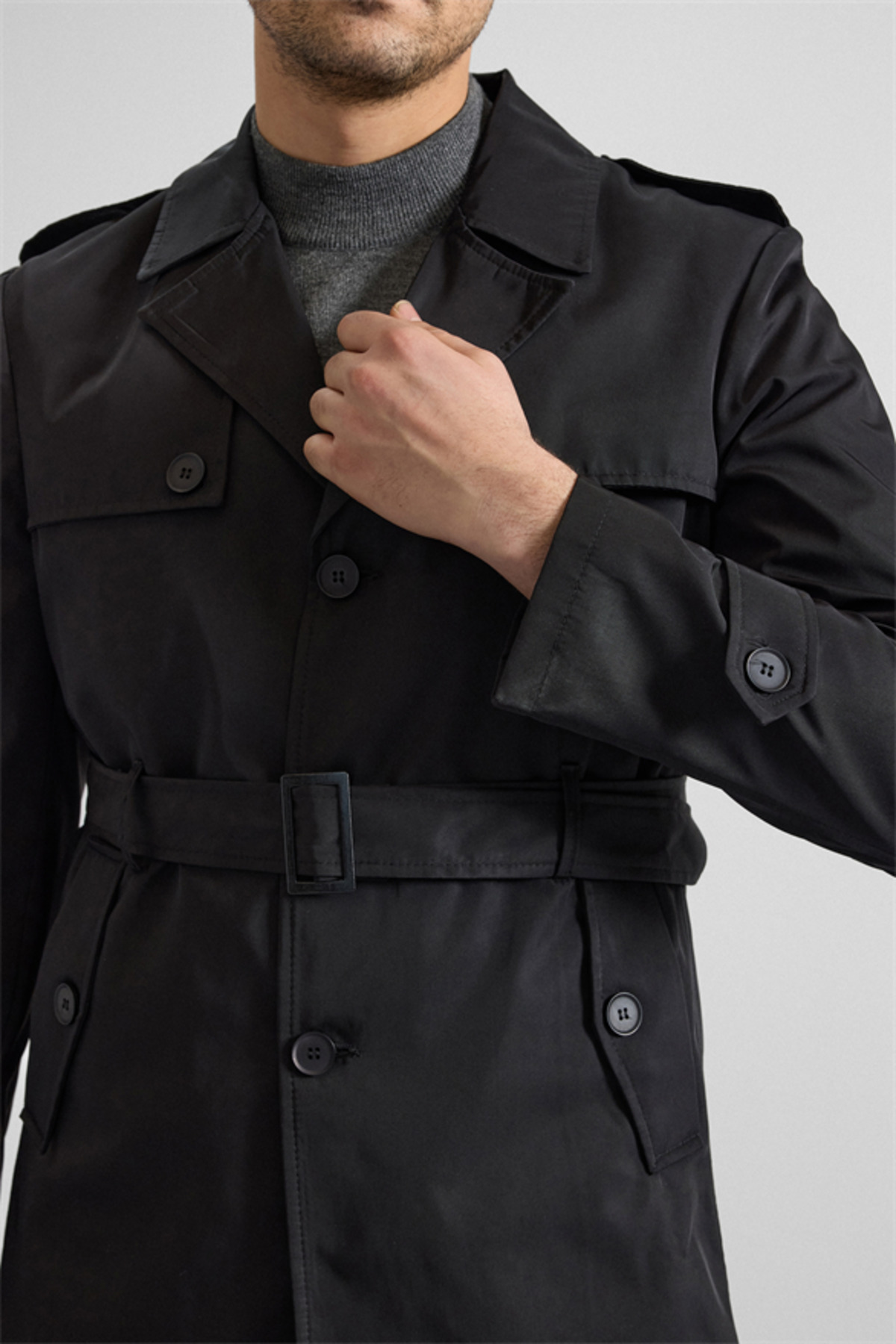 SÜVARİ  Siyah Slim Düz Cepsiz Trençkot - Görsel 3